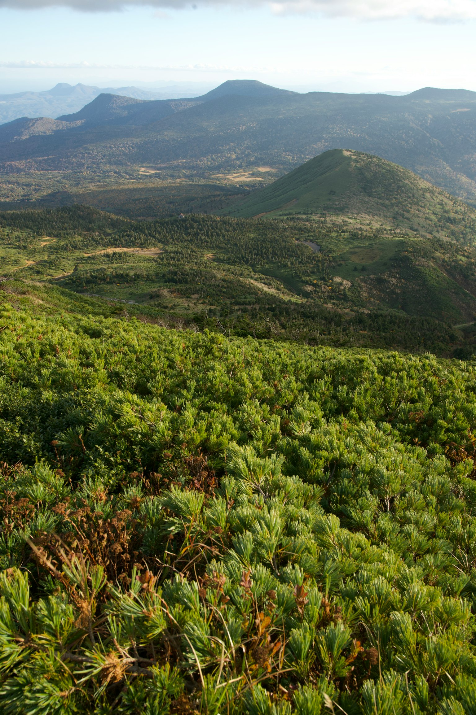 Paisaje escénico con colinas y montañas verdes