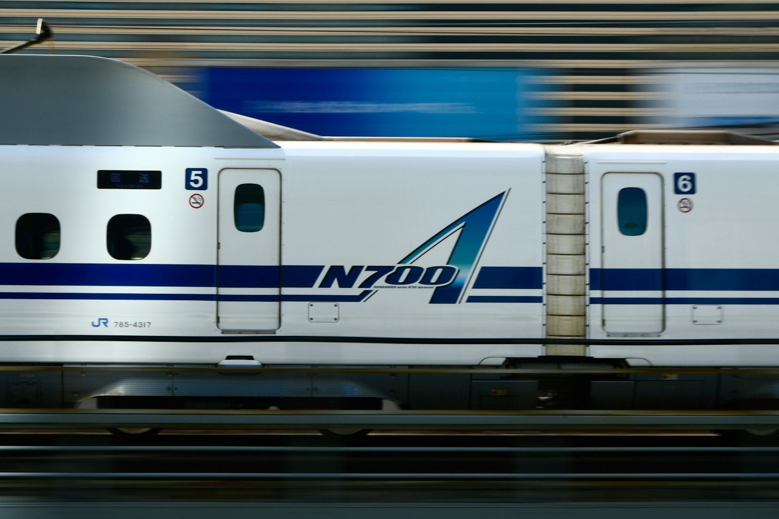 Gambar sisi N700 Shinkansen dengan latar belakang buram