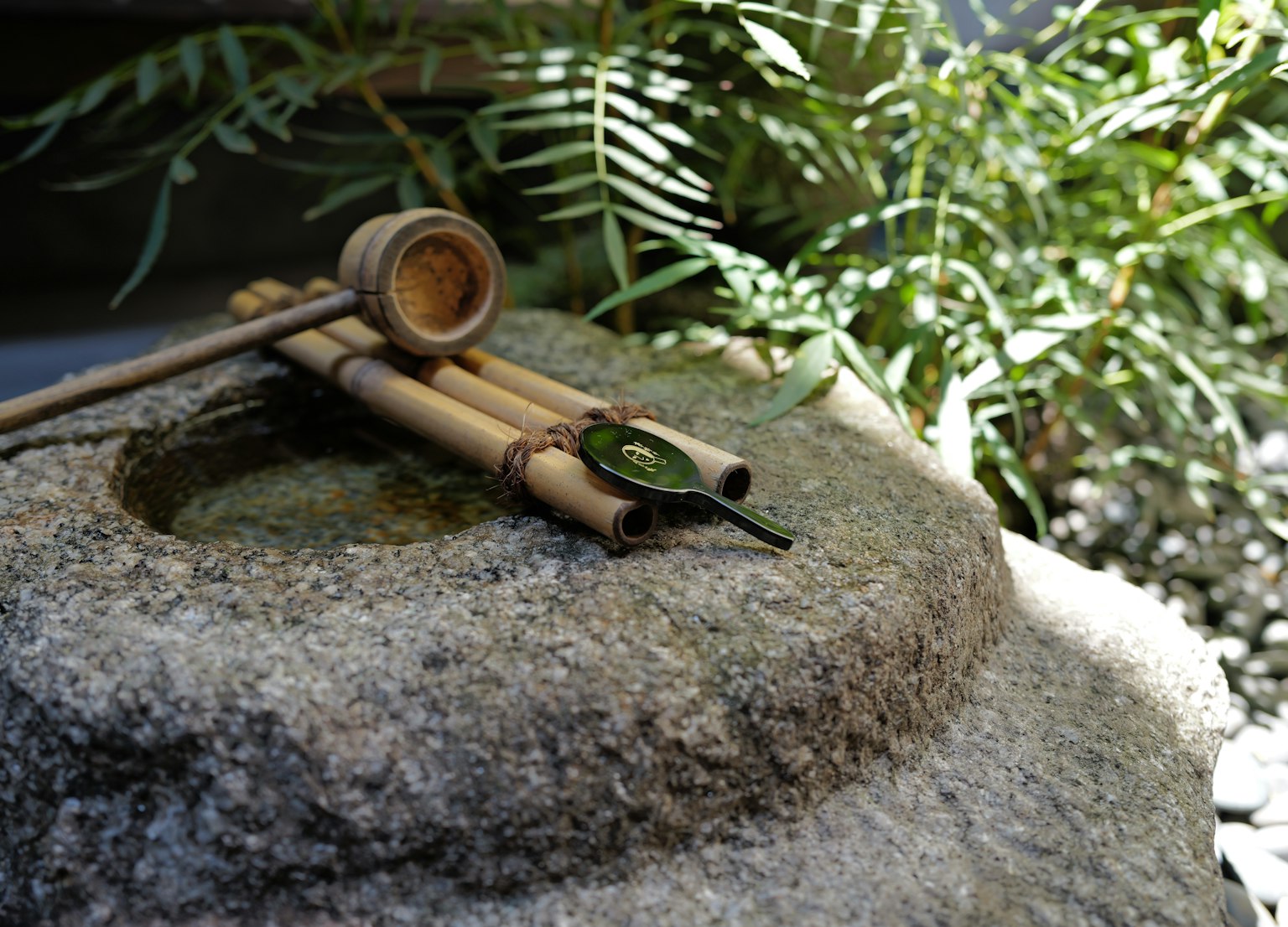 Stone water basin with bamboo scoop in a Japanese garden setting