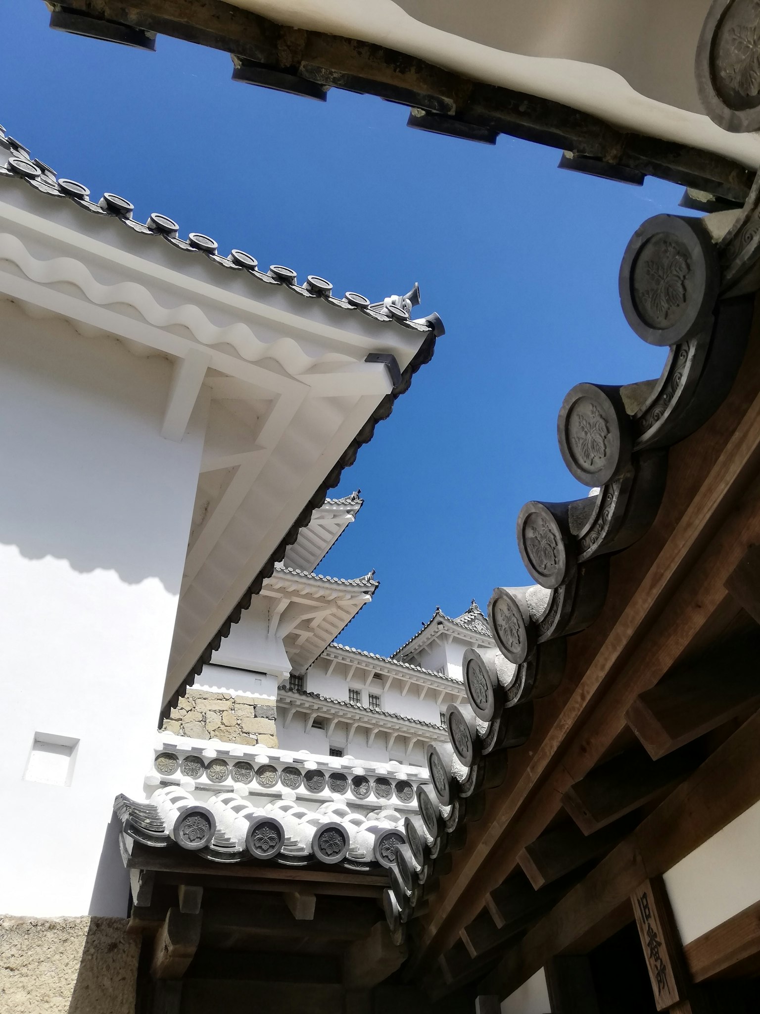 Traditional Japanese rooftops under a clear blue sky