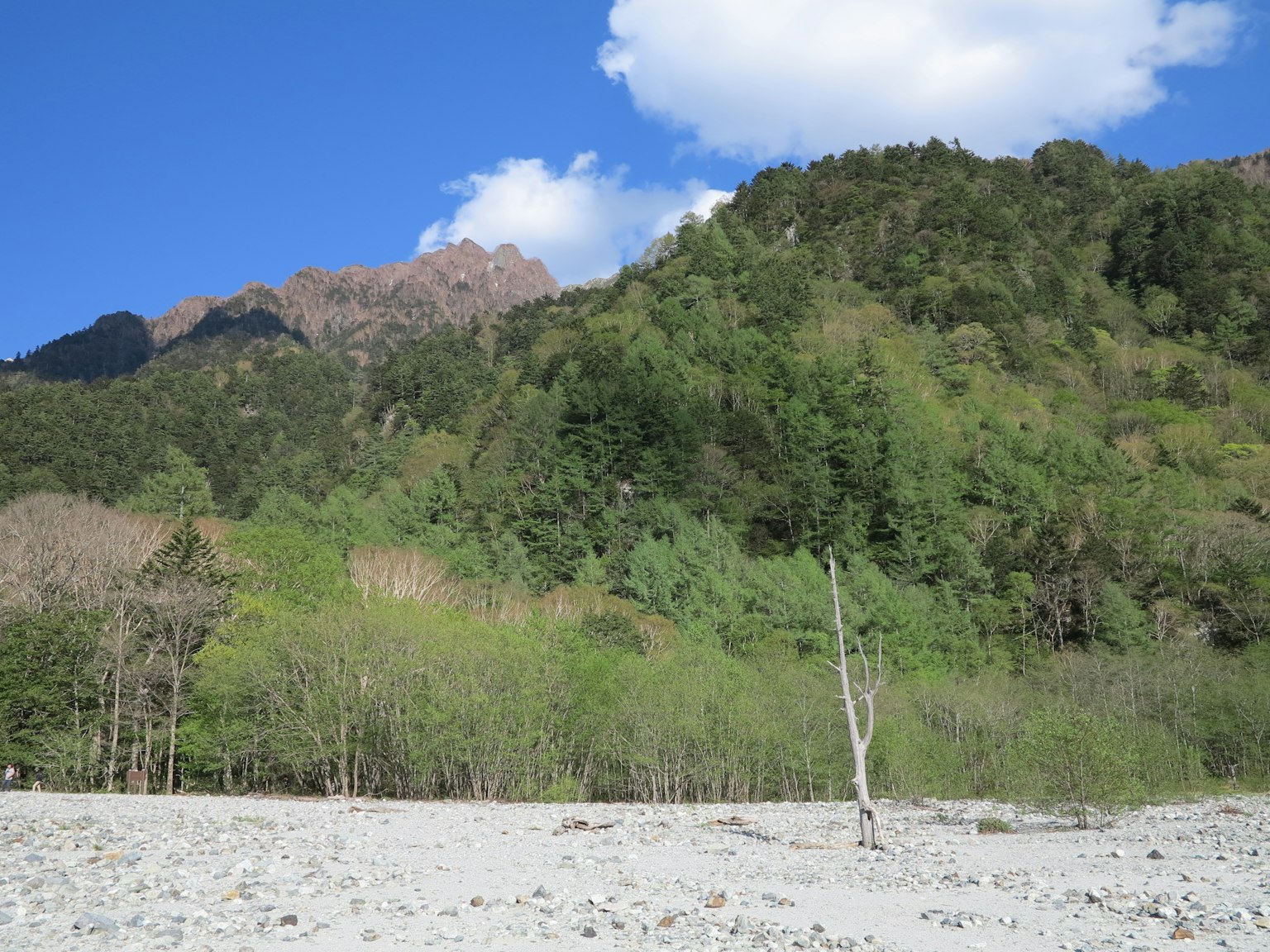 ทิวทัศน์ที่สวยงามของภูเขาเขียวชอุ่มและท้องน้ำใต้ท้องฟ้าสีน้ำเงินพร้อมเมฆสีขาว