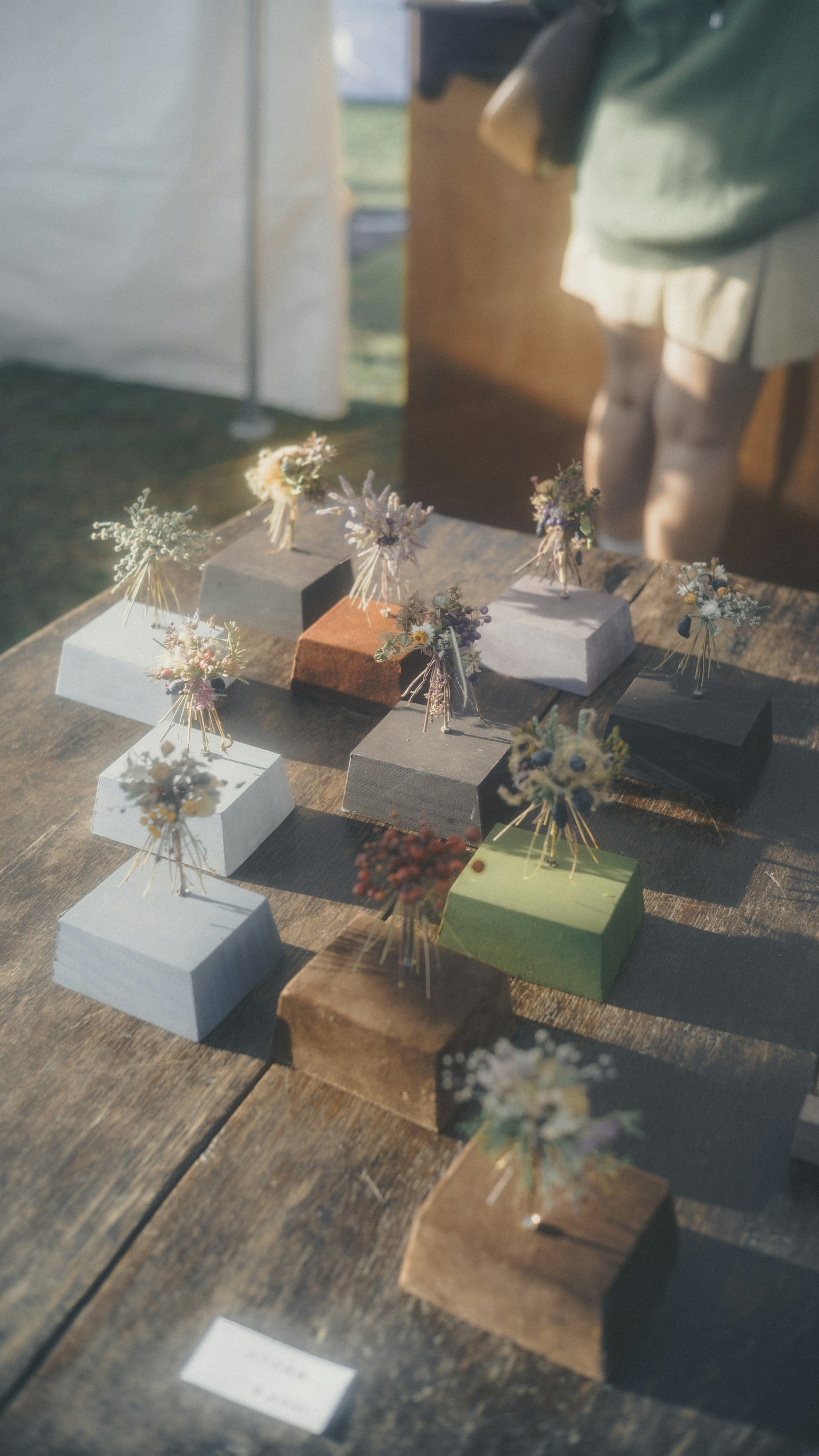 小さな盆栽が並んでいる展示テーブルの写真