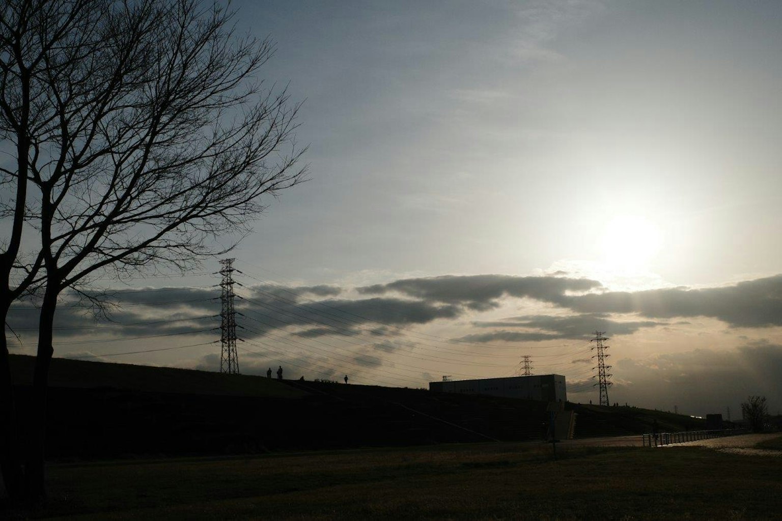 Silhouette di una fabbrica e pali elettrici al crepuscolo