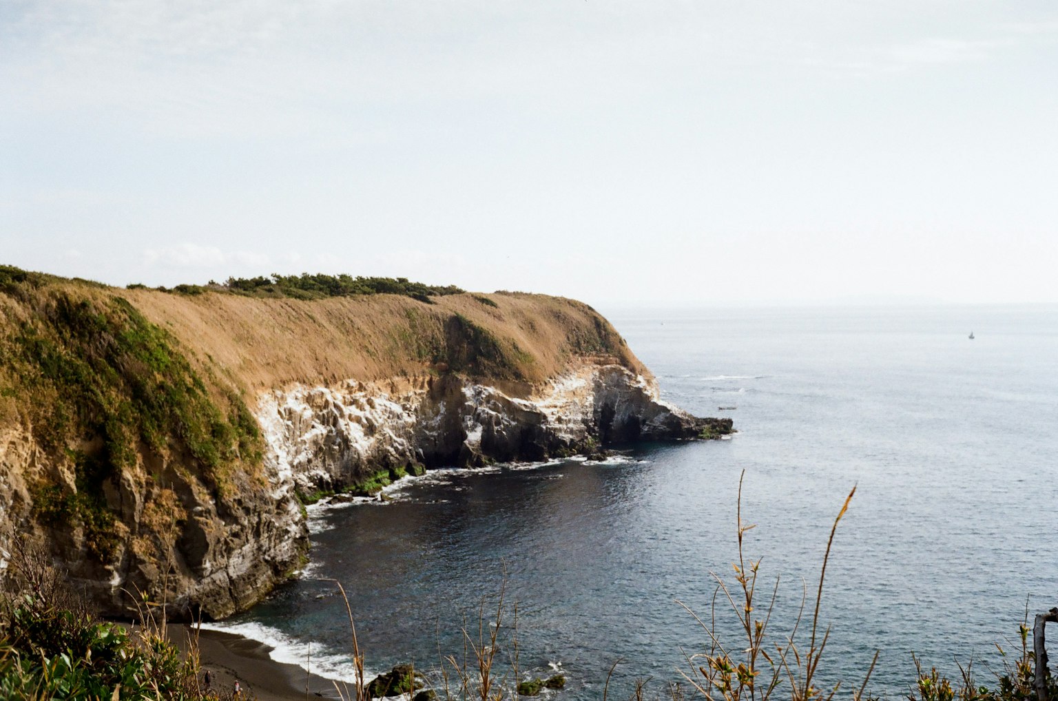 Vue côtière sereine avec des falaises et des eaux calmes
