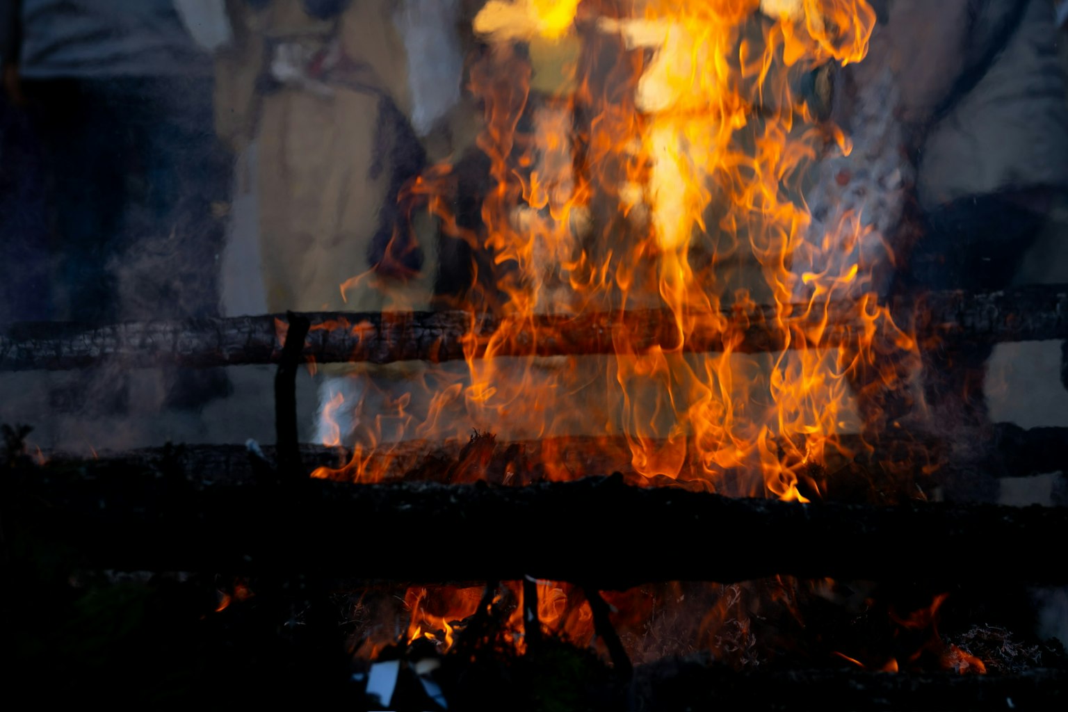 Szene von Flammen, die nahe Holzstämmen aufsteigen