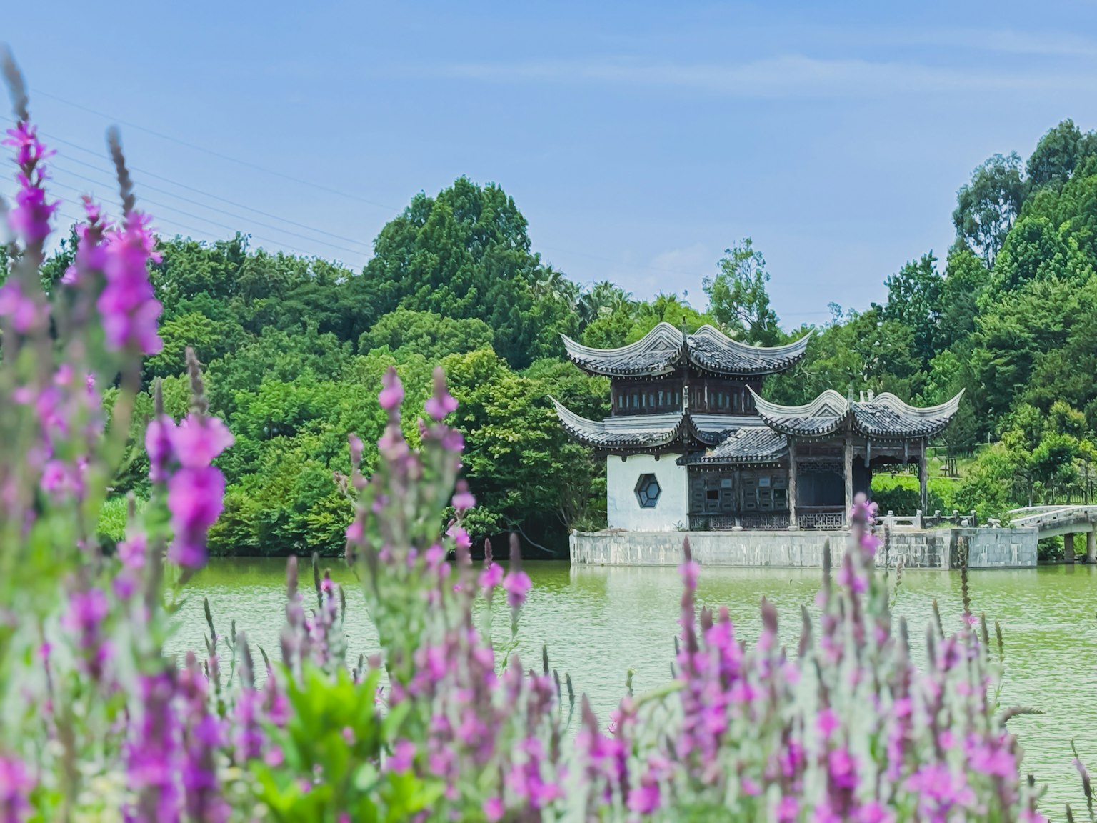 美しい池の近くにある伝統的な中国の建物と色とりどりの花々