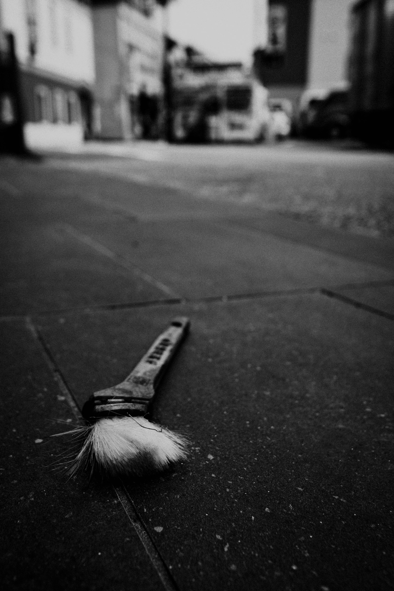 Close-up of a paintbrush lying on a black and white street