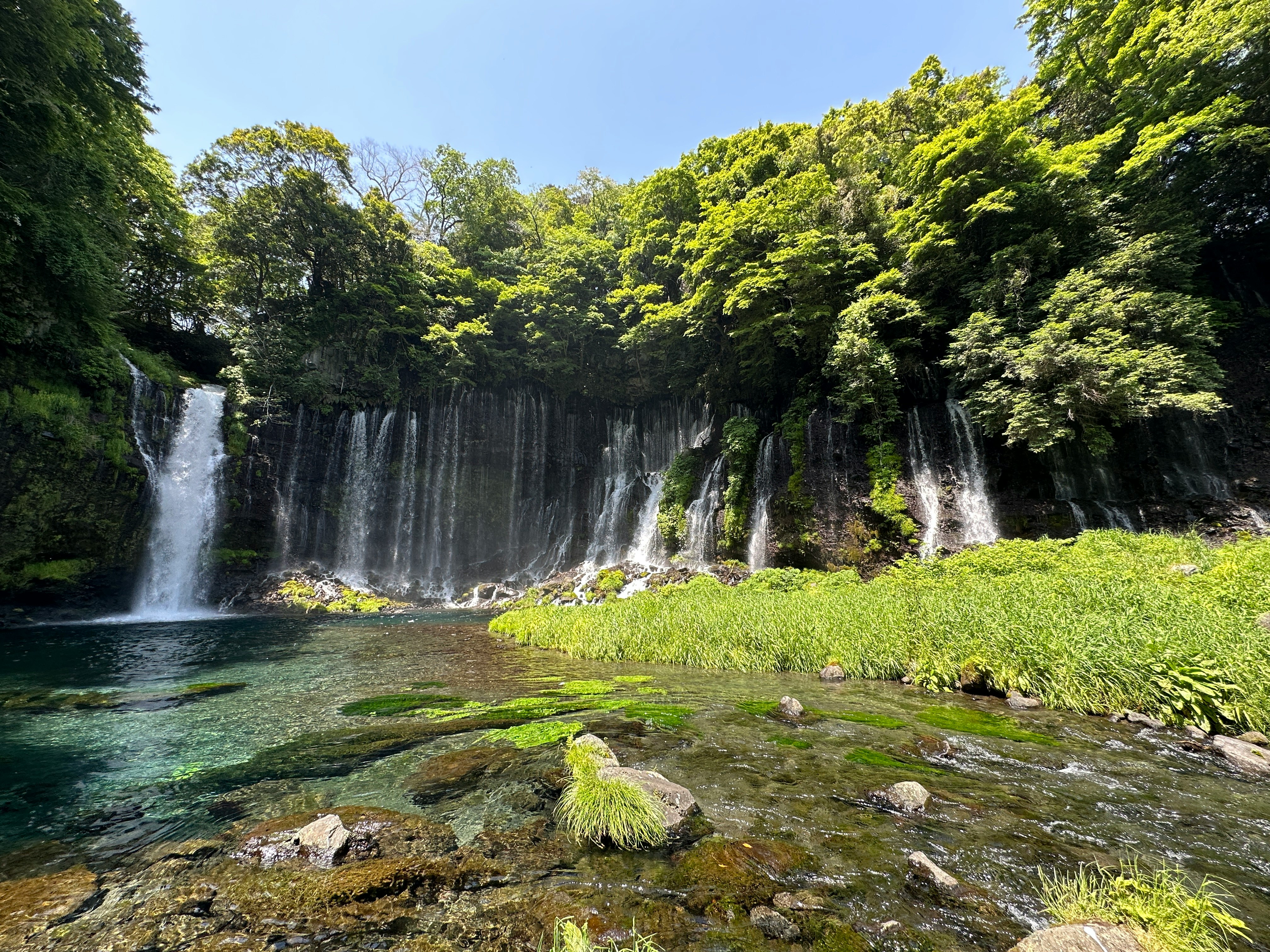 滝と川が流れる緑豊かな渓谷の風景