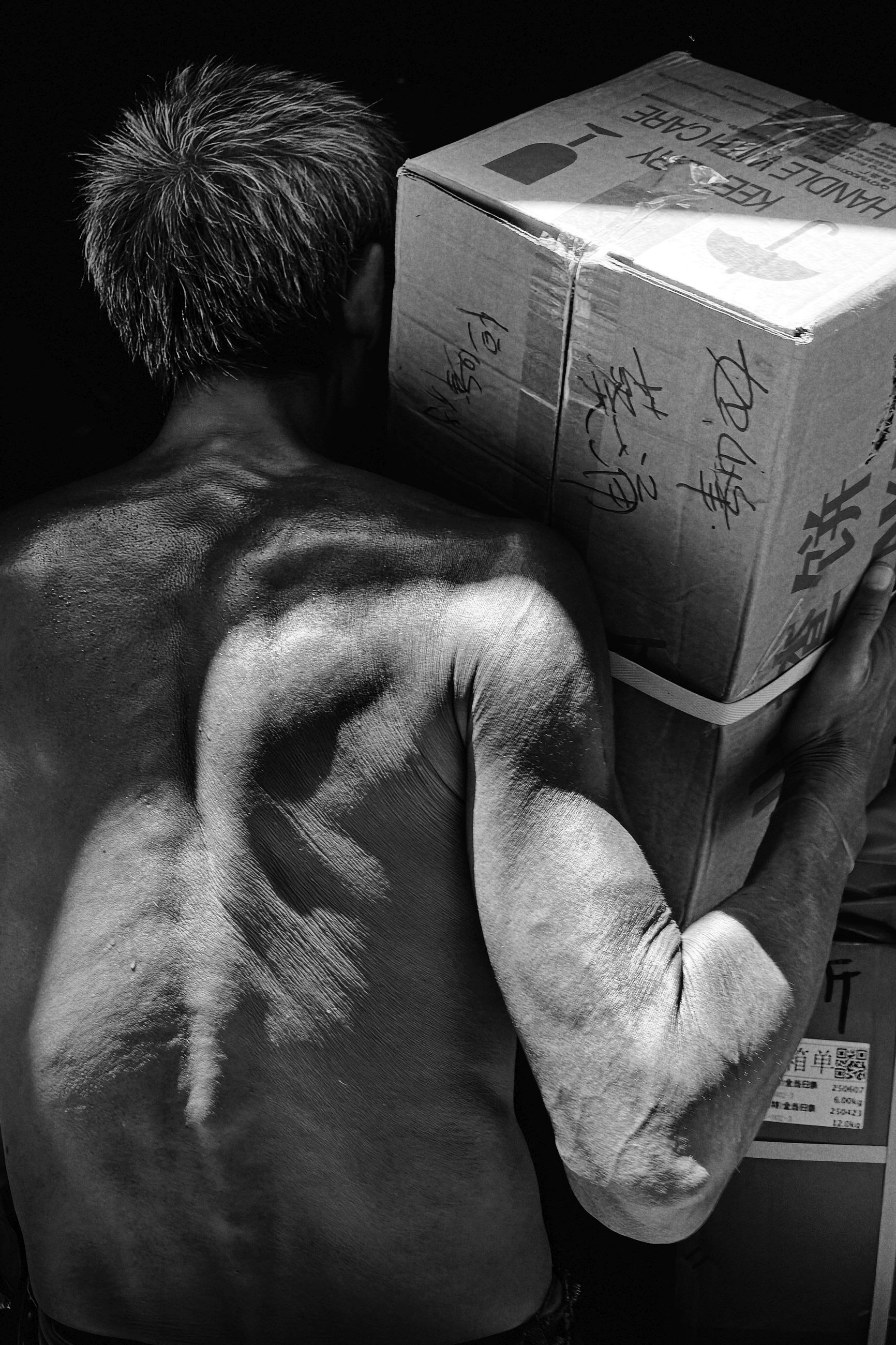 男性が箱を持ち上げている姿 背中の筋肉が際立つ モノクロ写真