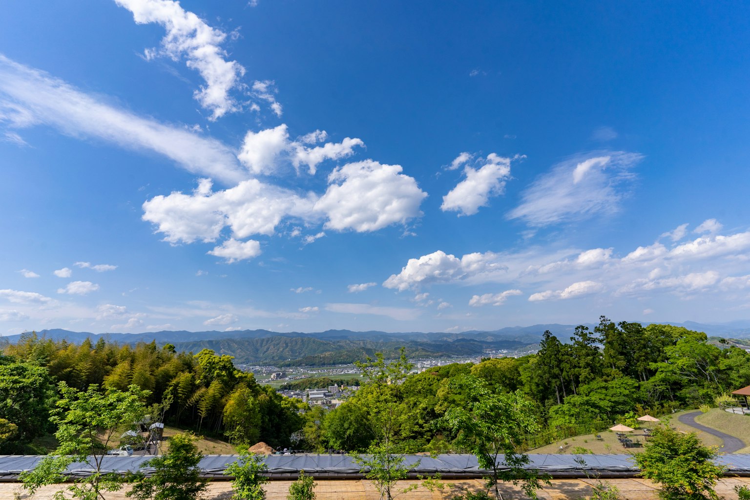 美丽的风景，蓝天和白云郁郁葱葱的绿色树木和远处的山脉