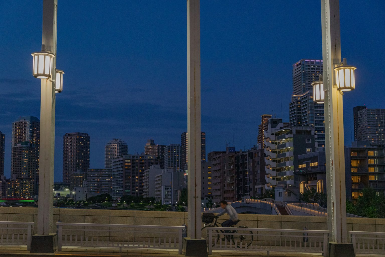 Lanterne del ponte con skyline urbano al crepuscolo