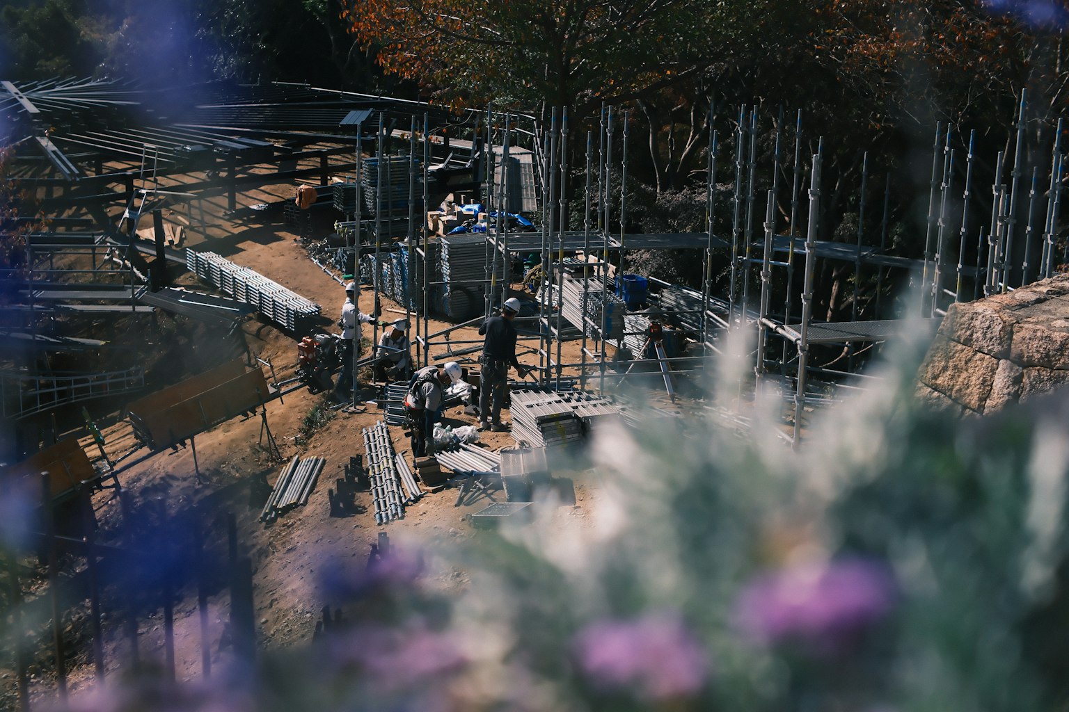 建設現場で作業する人々と周囲の木々が見える風景