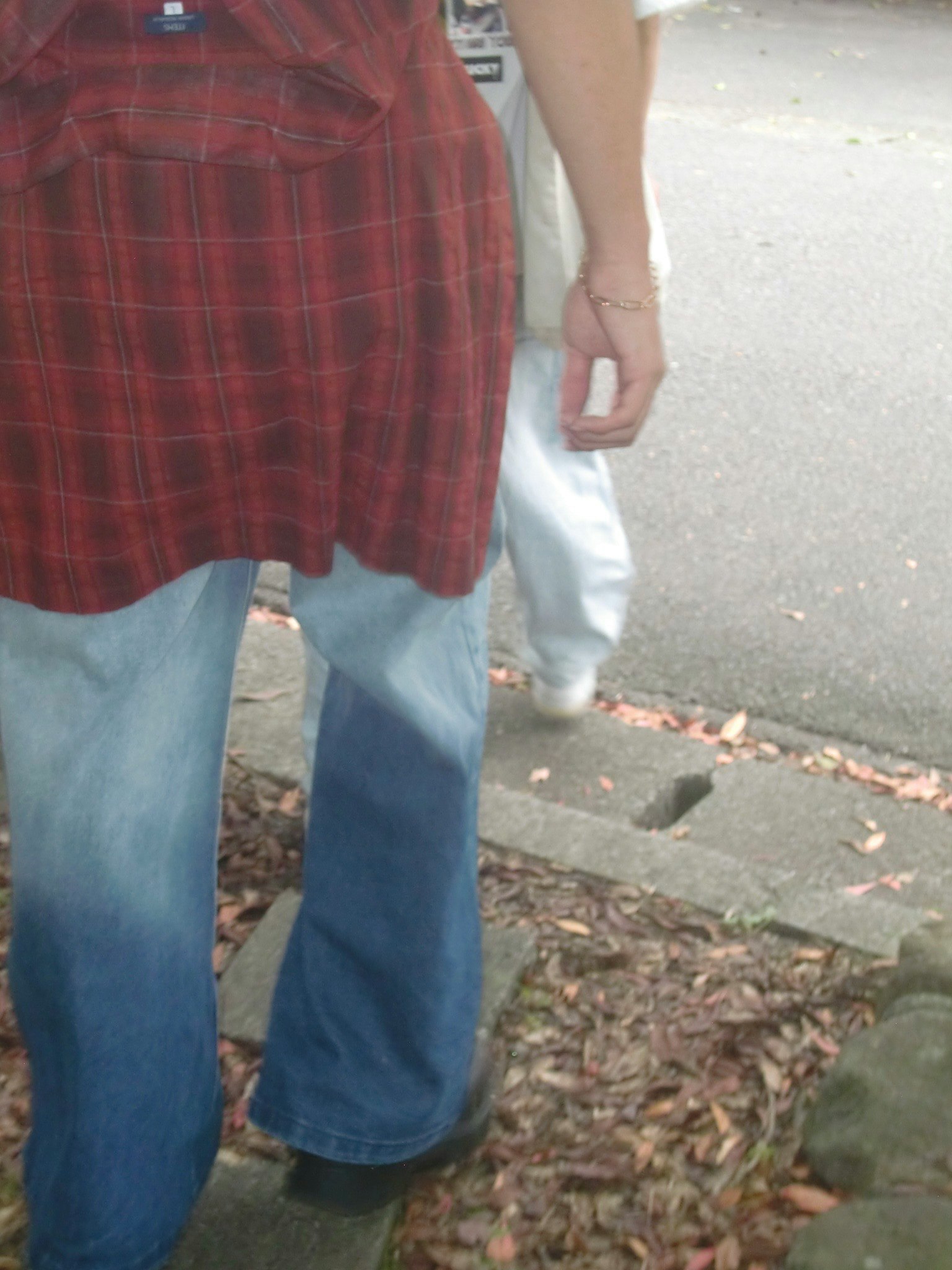 赤いチェックのシャツを着た人物の後ろ姿と青いジーンズ