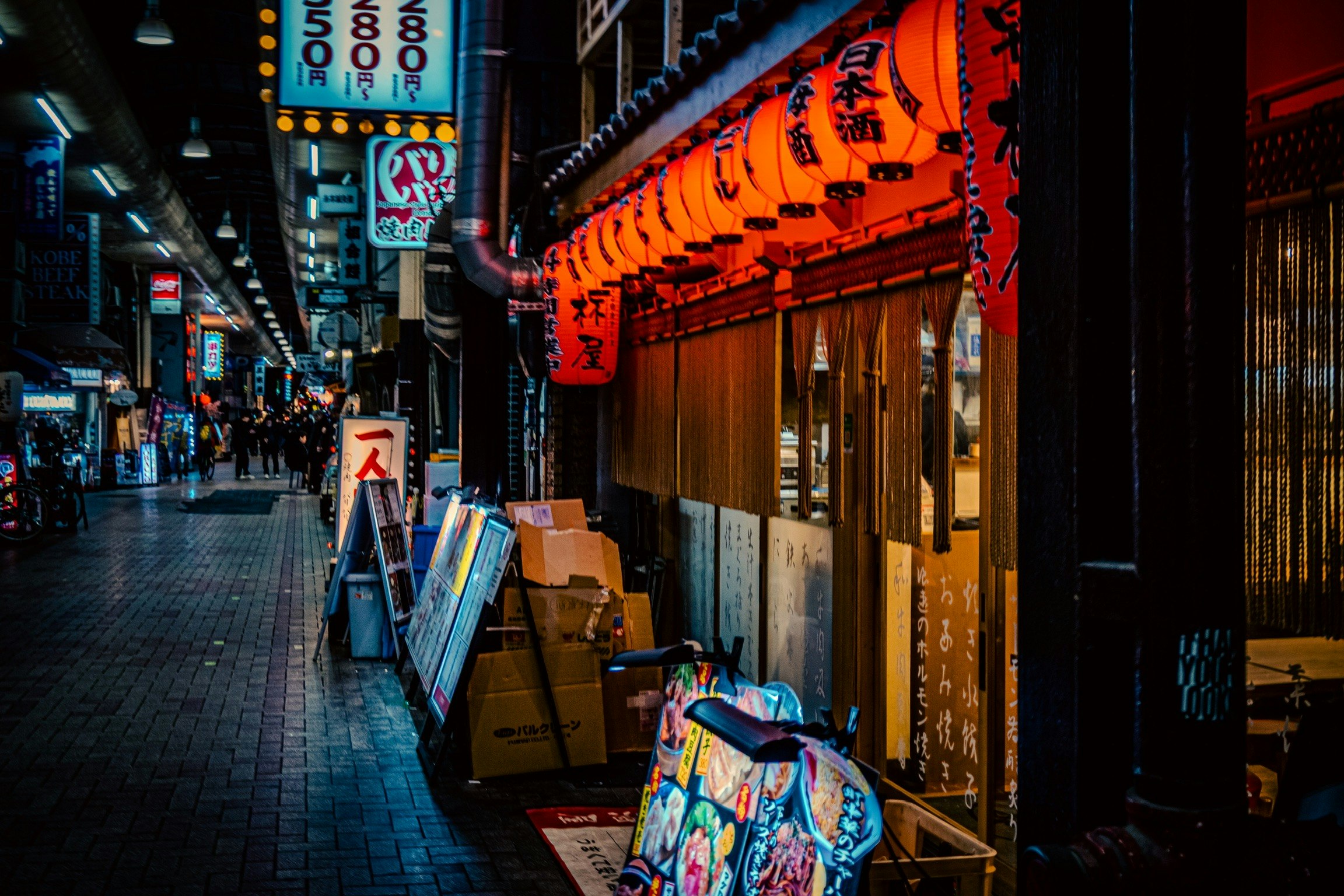 難波の夜の商店街で提灯と看板が並ぶ路地