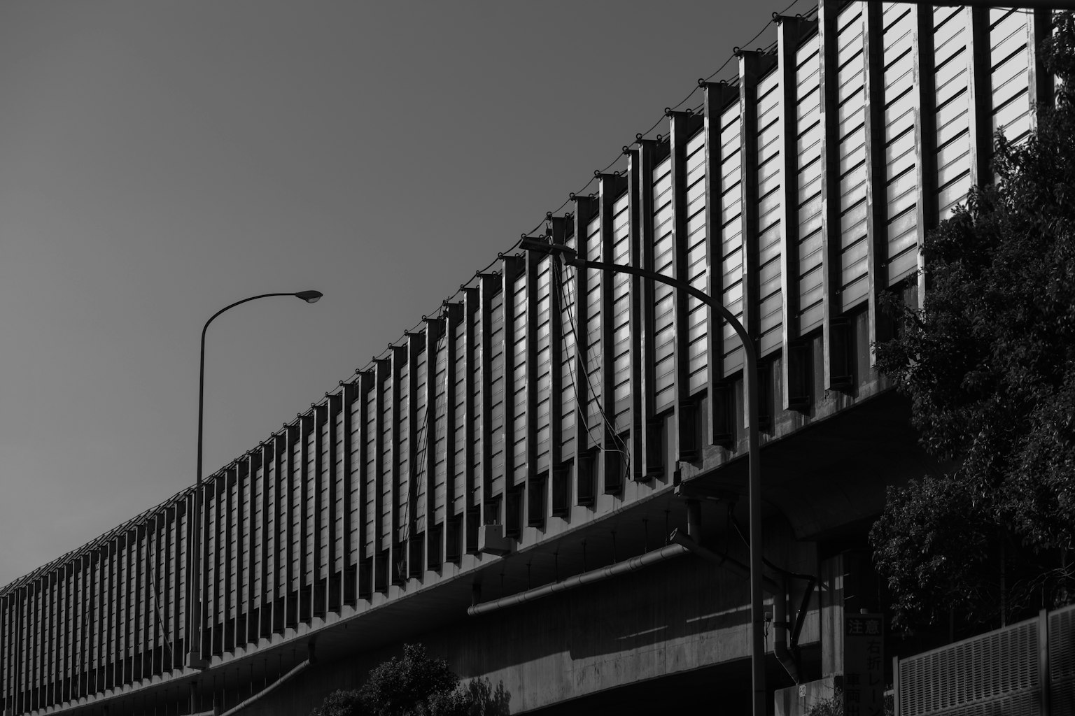 Cảnh monochrome của một bên cầu cao và đèn đường