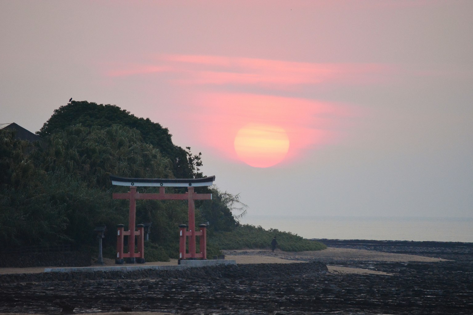 海岸邊的紅色鳥居在日落時分