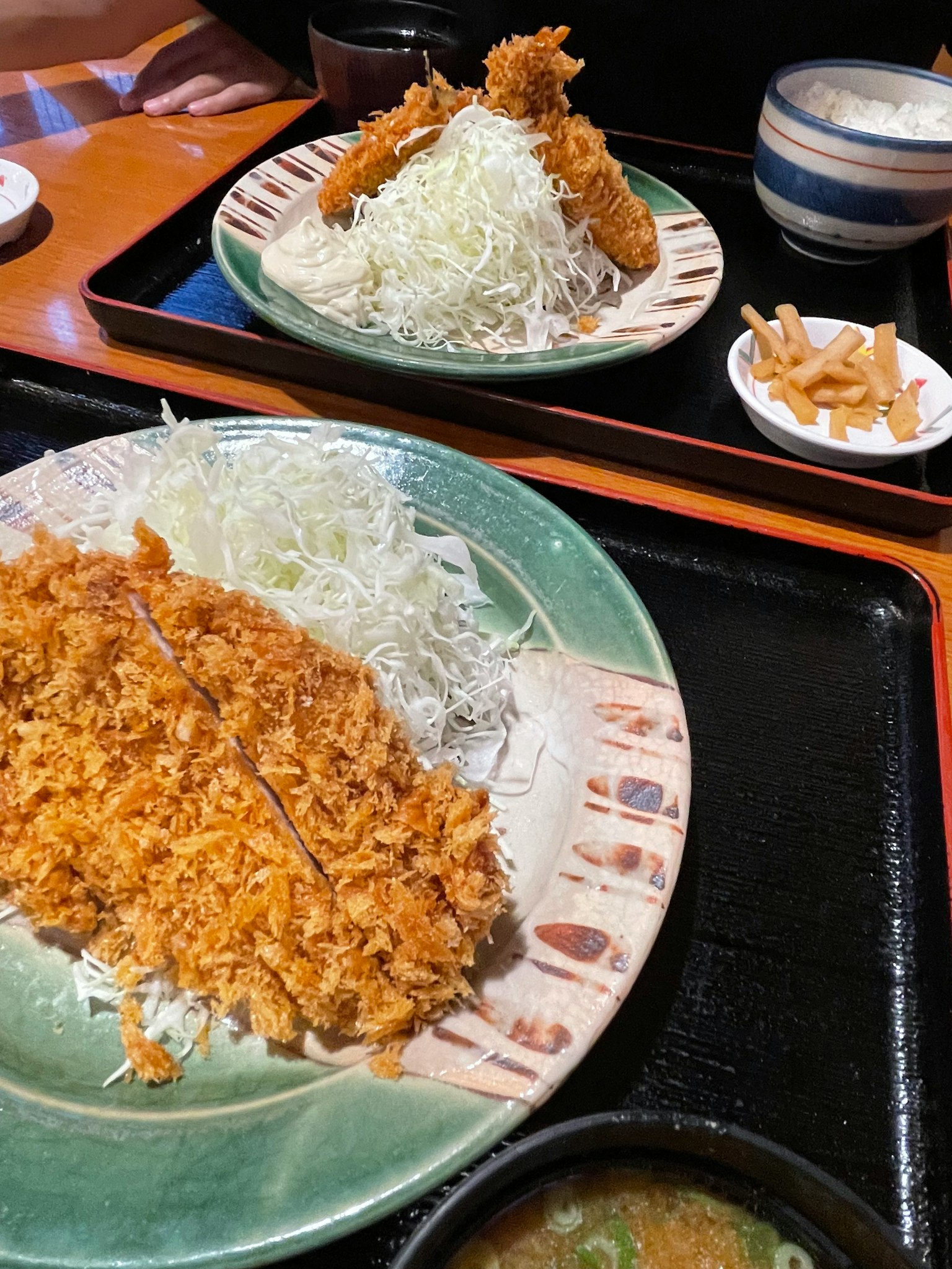 Teller mit Tonkatsu, gehobeltem Kohl und Dip-Sauce