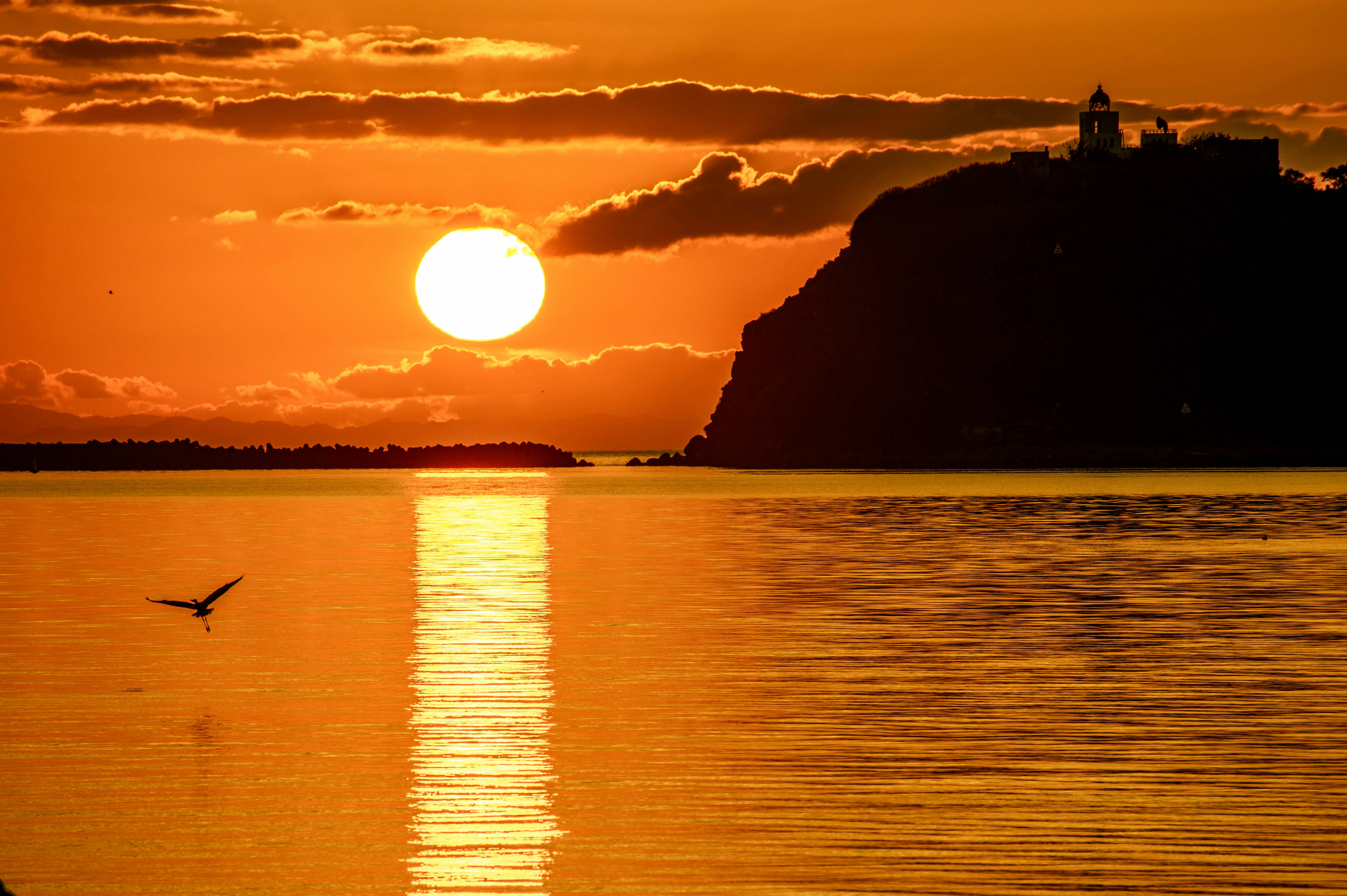 夕日に照らされた海と水平線の風景