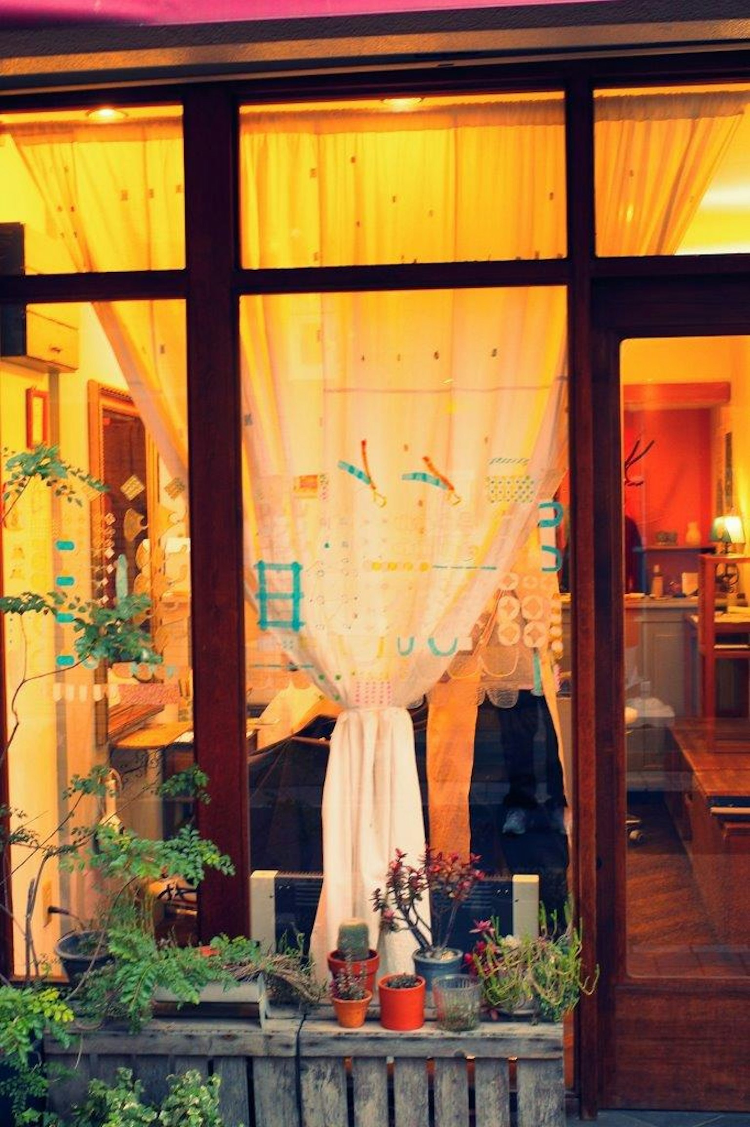 Intérieur chaleureux avec lumière douce à travers une fenêtre décorée de rideaux et de plantes