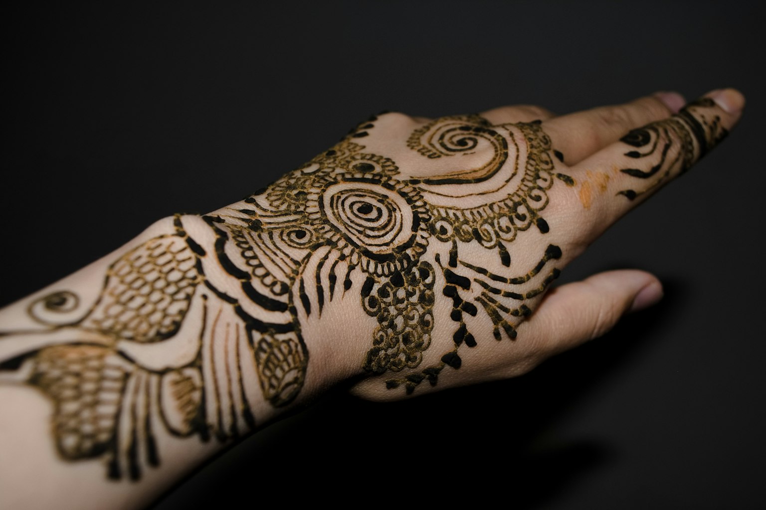 Intricate henna tattoo design on the hand