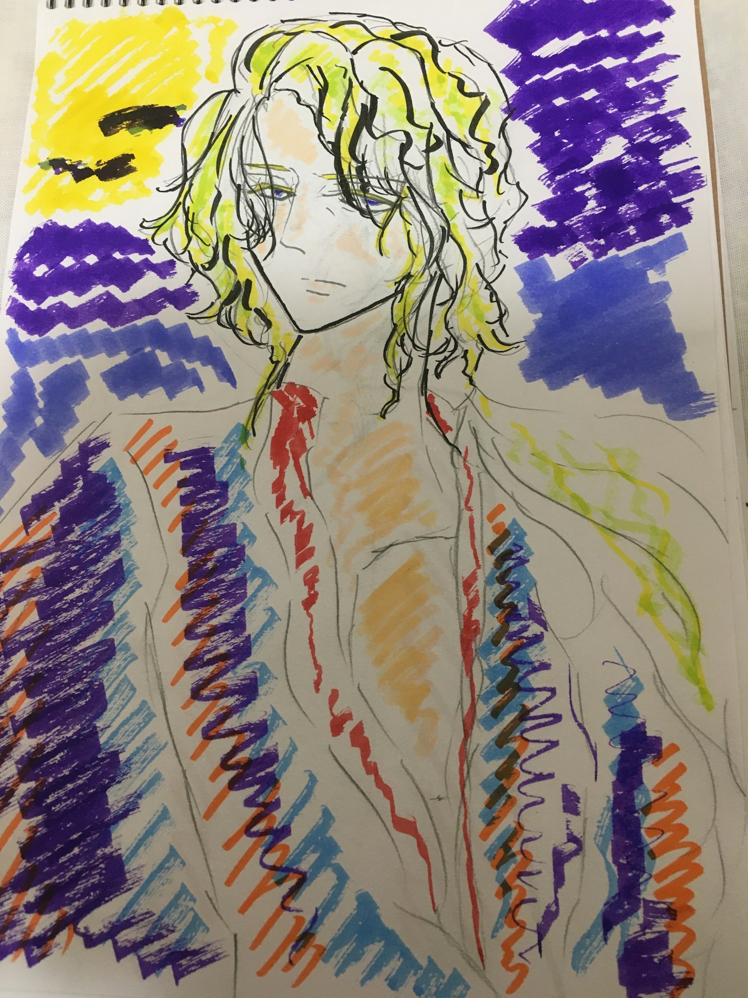 Boceto de un personaje con cabello colorido y atuendo contra un fondo de cielo nocturno