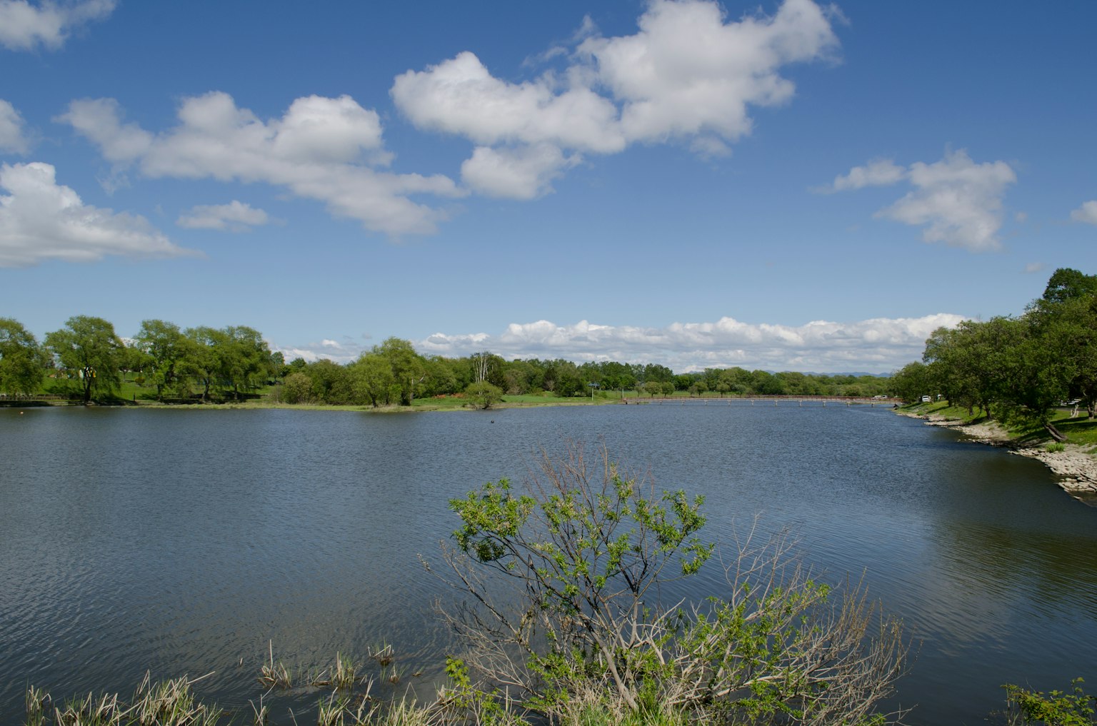 Un paisaje de río sereno con cielo azul y nubes blancas