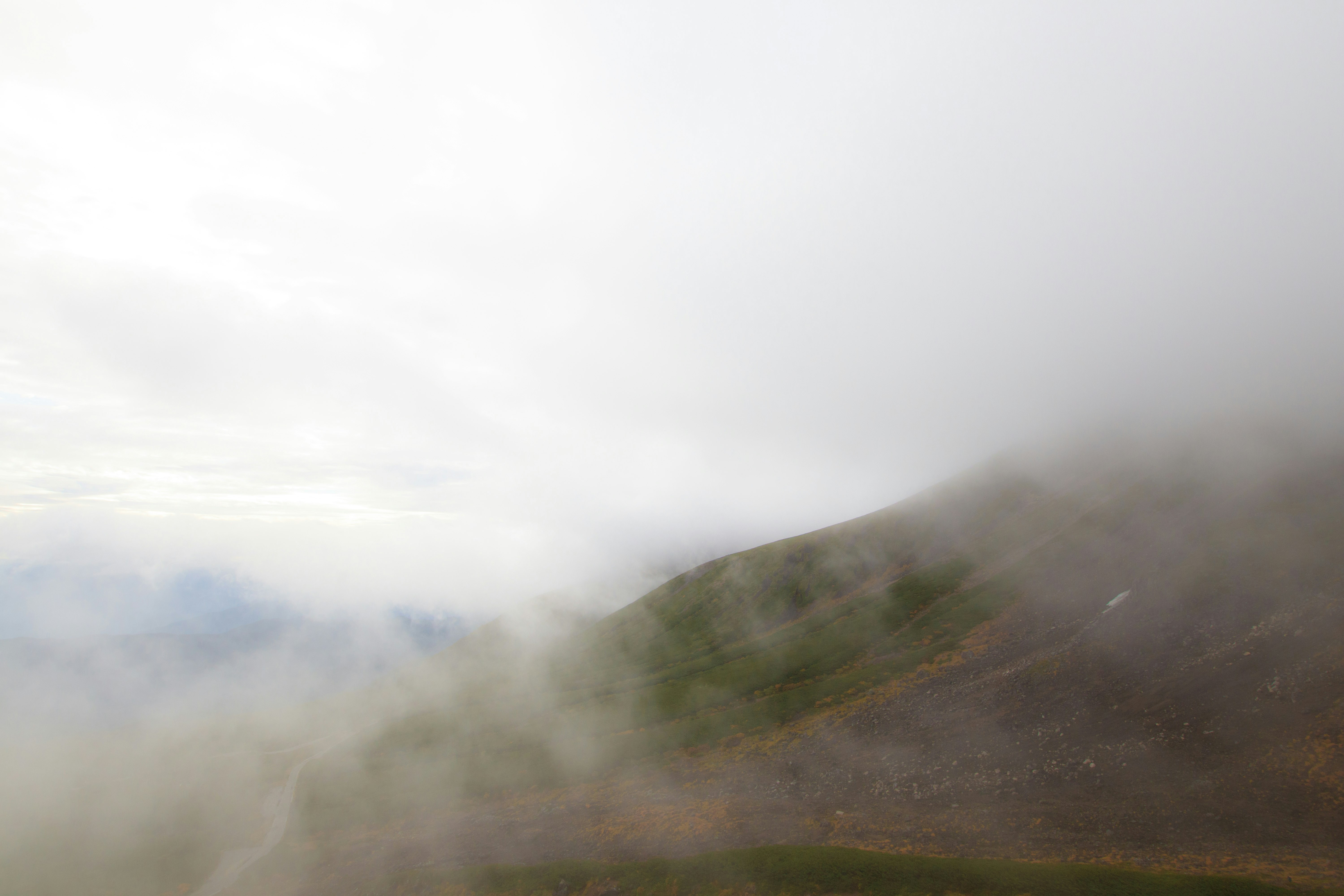 霧のかかった山腹と草地の風景