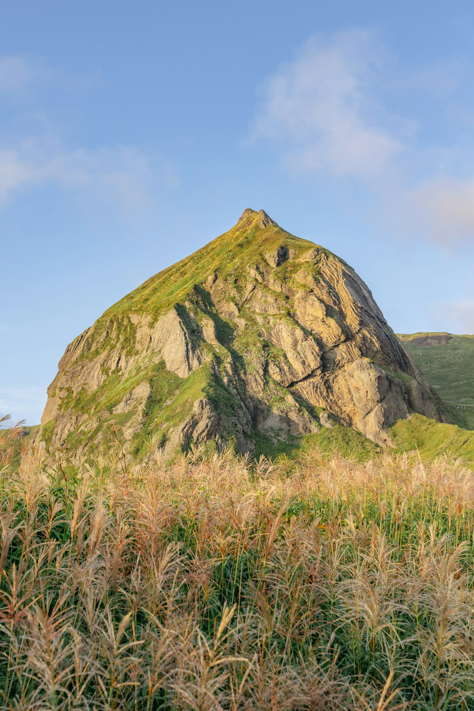 Collina rocciosa coperta di vegetazione sotto un cielo blu