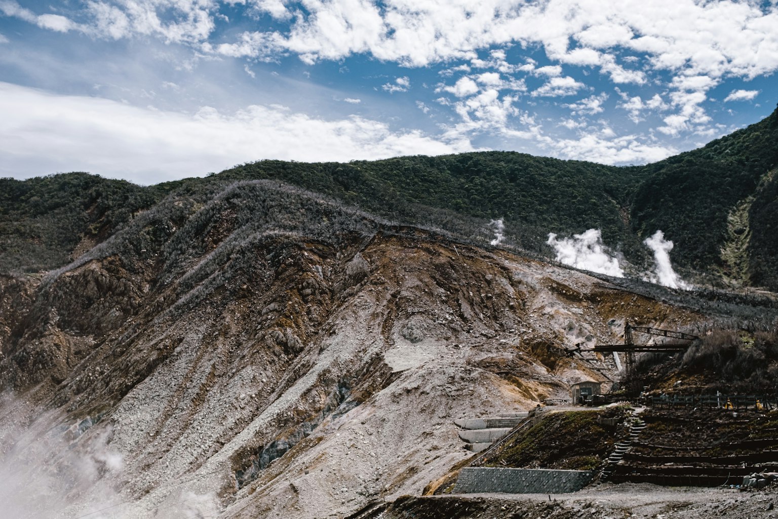 Paesaggio di vulcano attivo con vapore che sale dai pendii e uno sfondo di cielo blu e nuvole