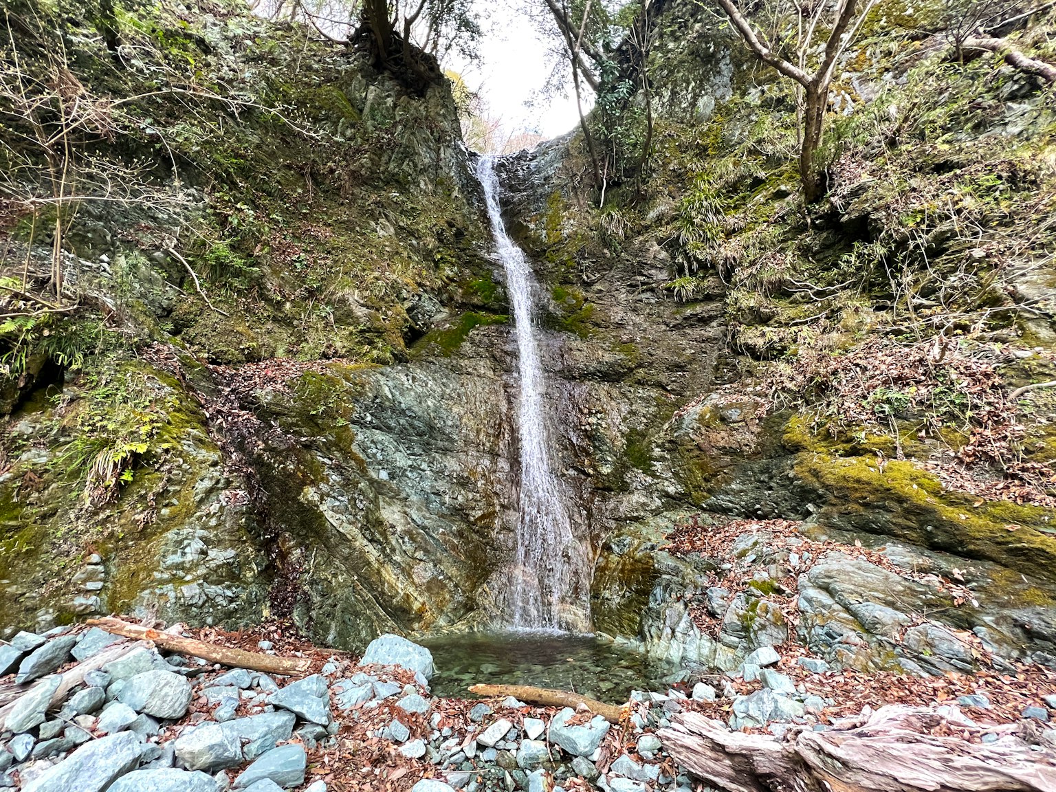 Una bellissima cascata che scorre in un ambiente naturale circondata da muschio verde e rocce