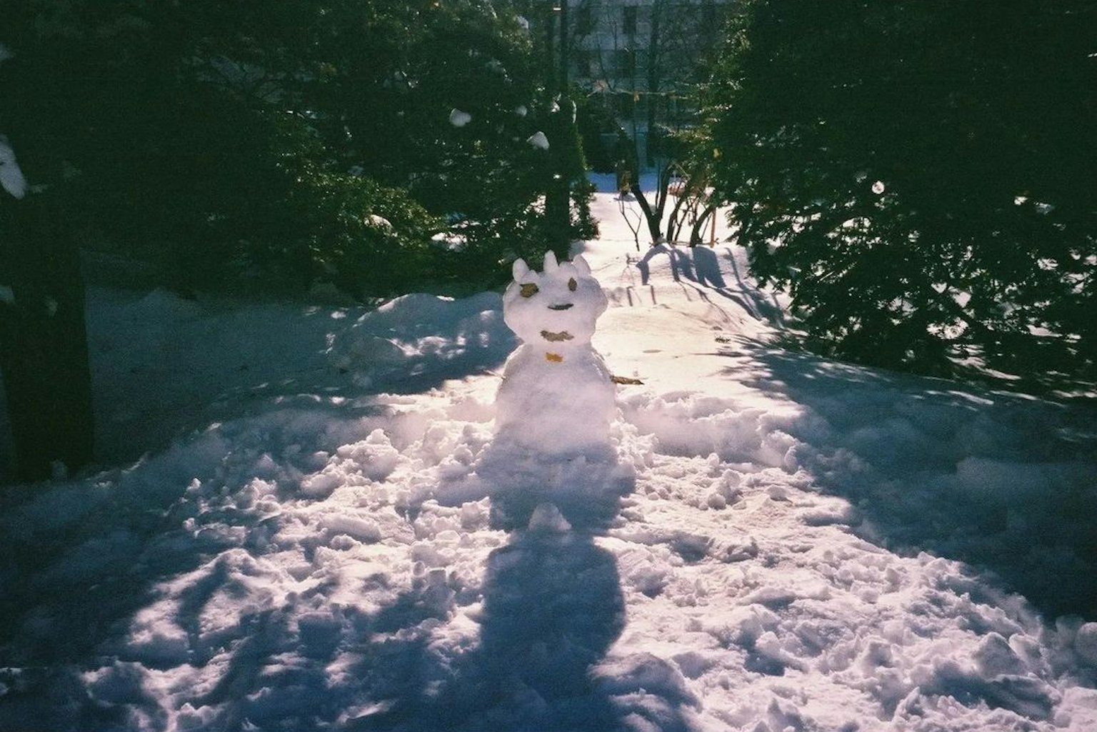 一个微笑的雪人在雪地中矗立
