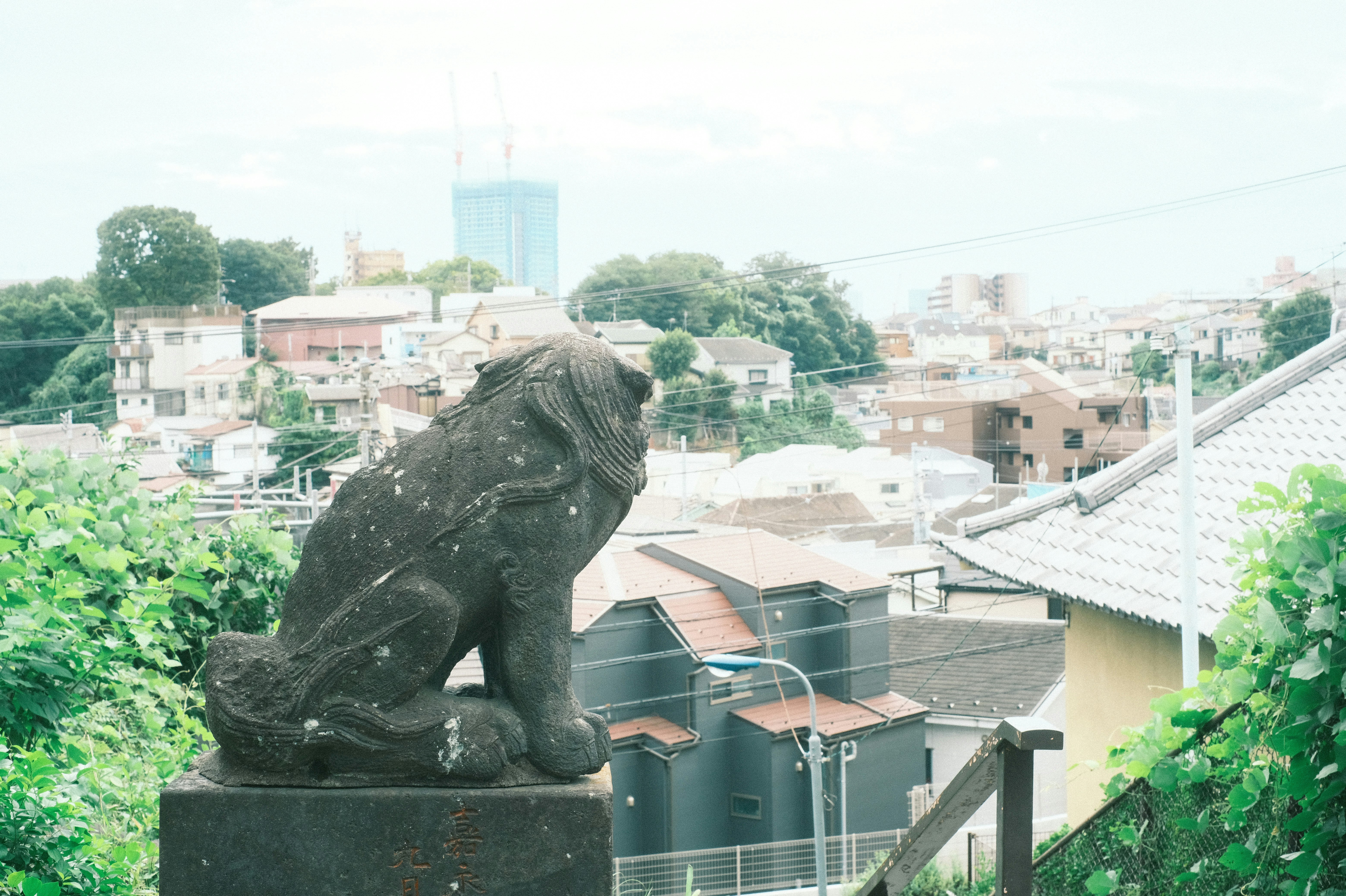 Vue sur la ville depuis un toit avec une statue de lion