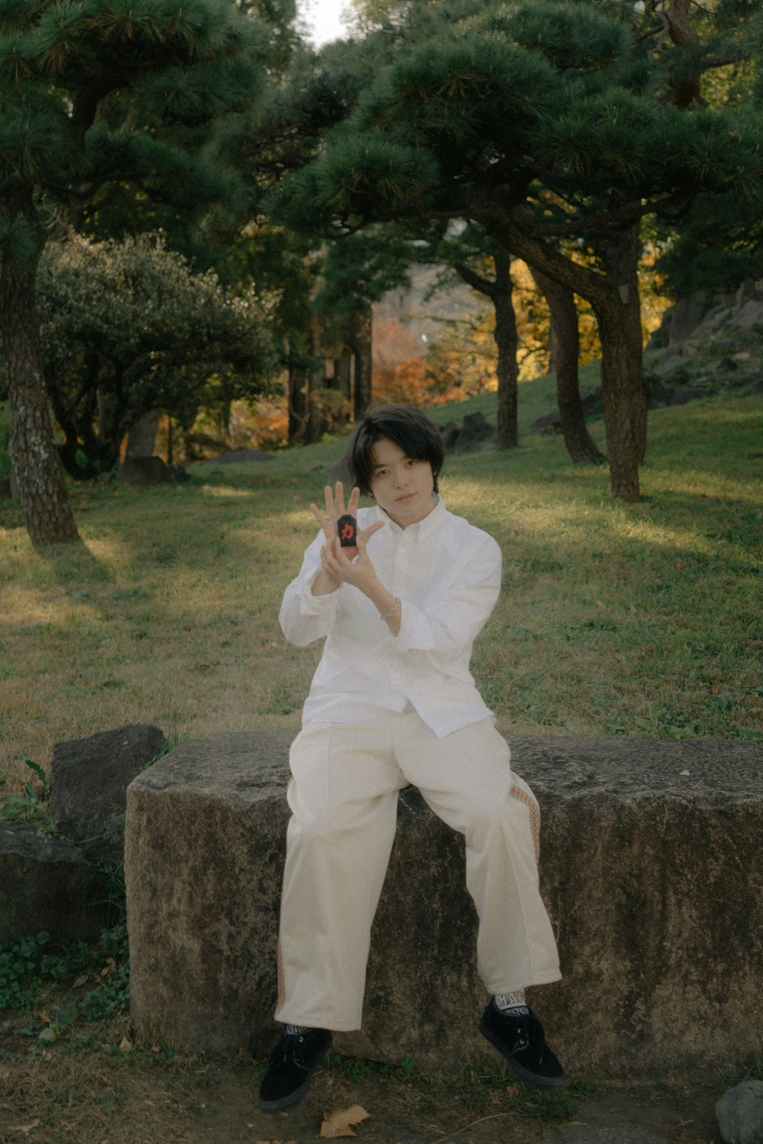 人物坐在石台上，公園裡樹木成排