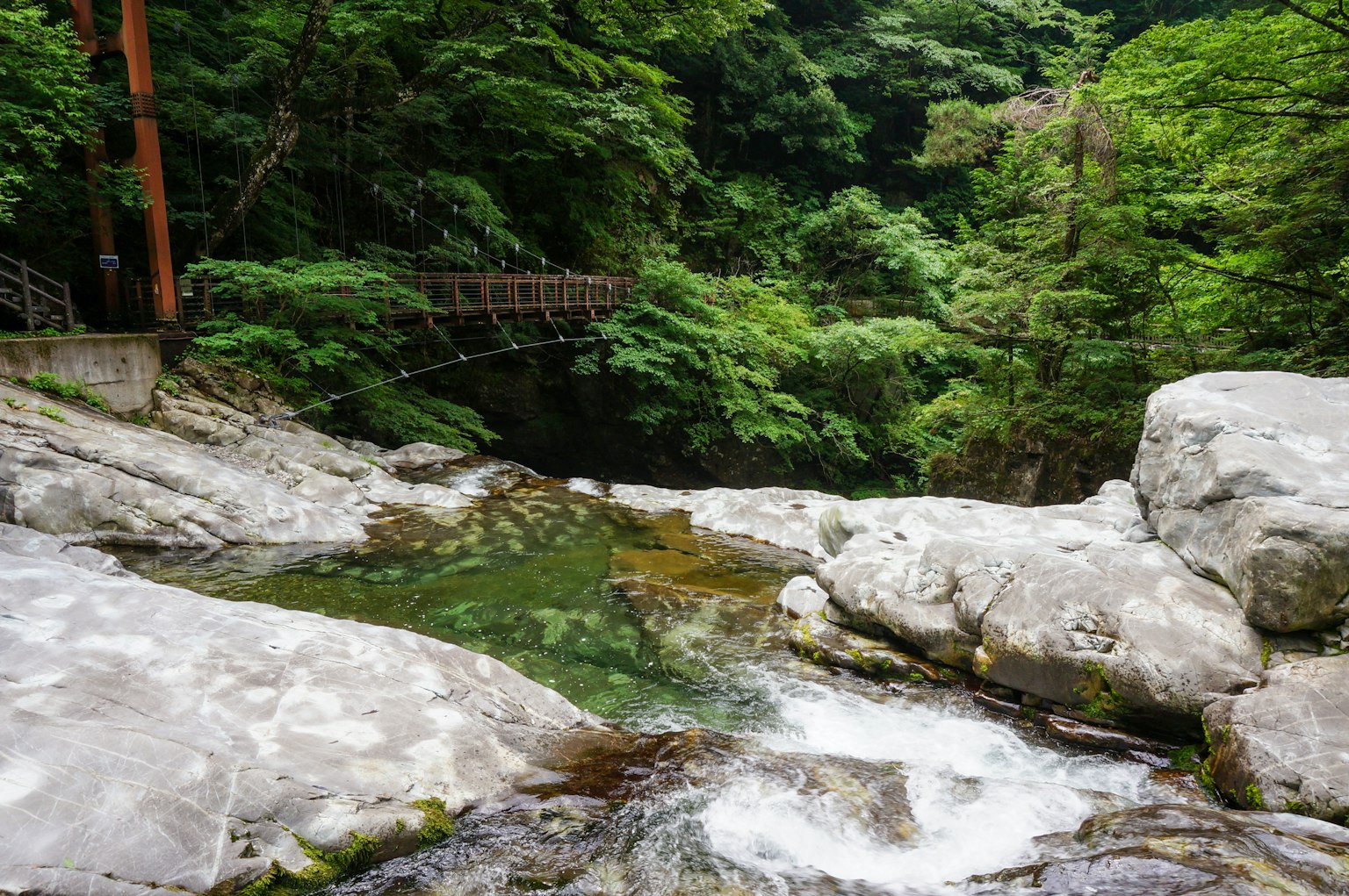 Ruisseau et cascade rocheuse dans une forêt verdoyante avec un pont visible