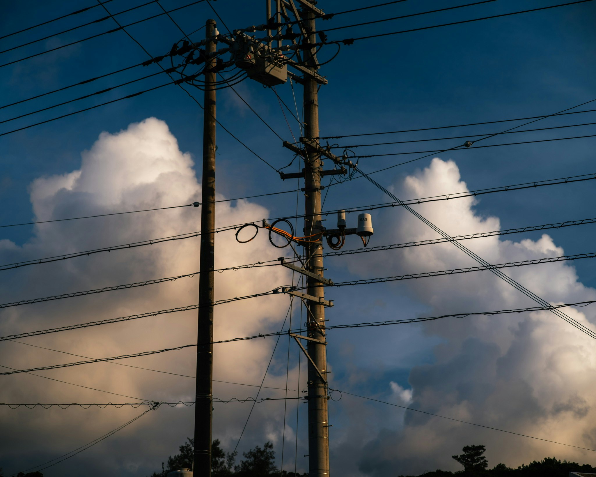 dusk sky with power lines and utility poles