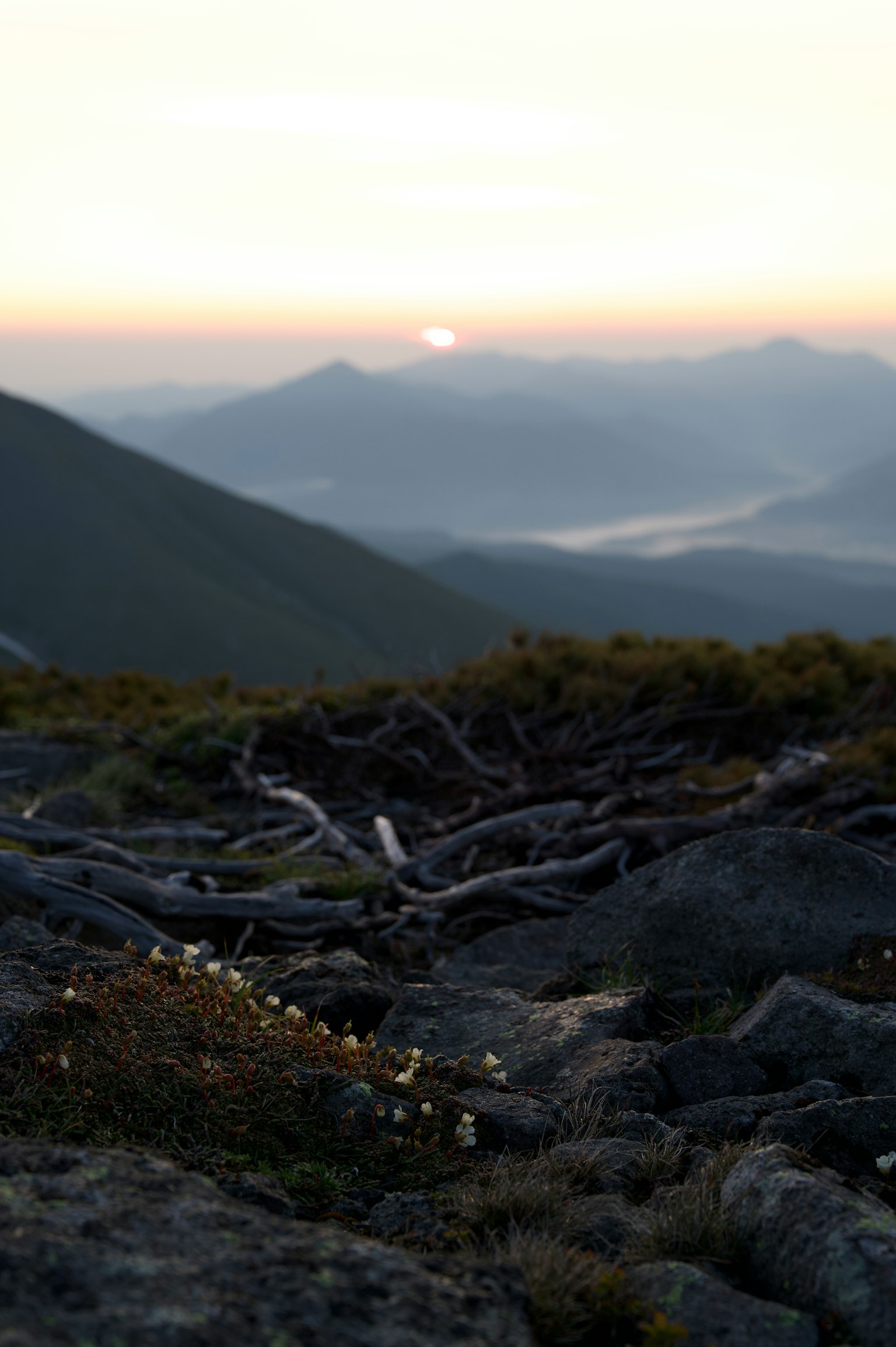 Paisaje montañoso con atardecer y terreno rocoso