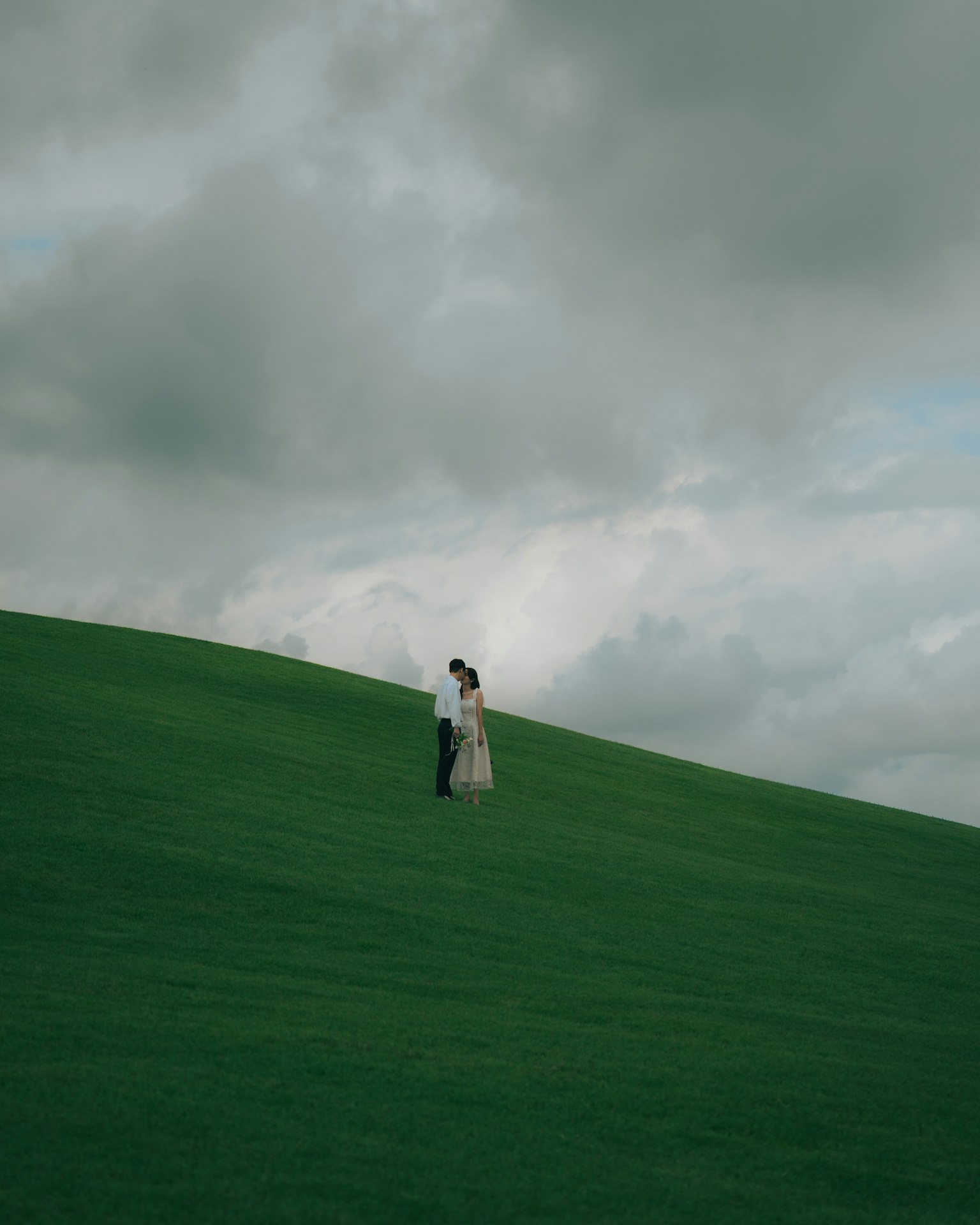 緑の丘の上に立つ女性と子供のシルエット、曇り空の背景