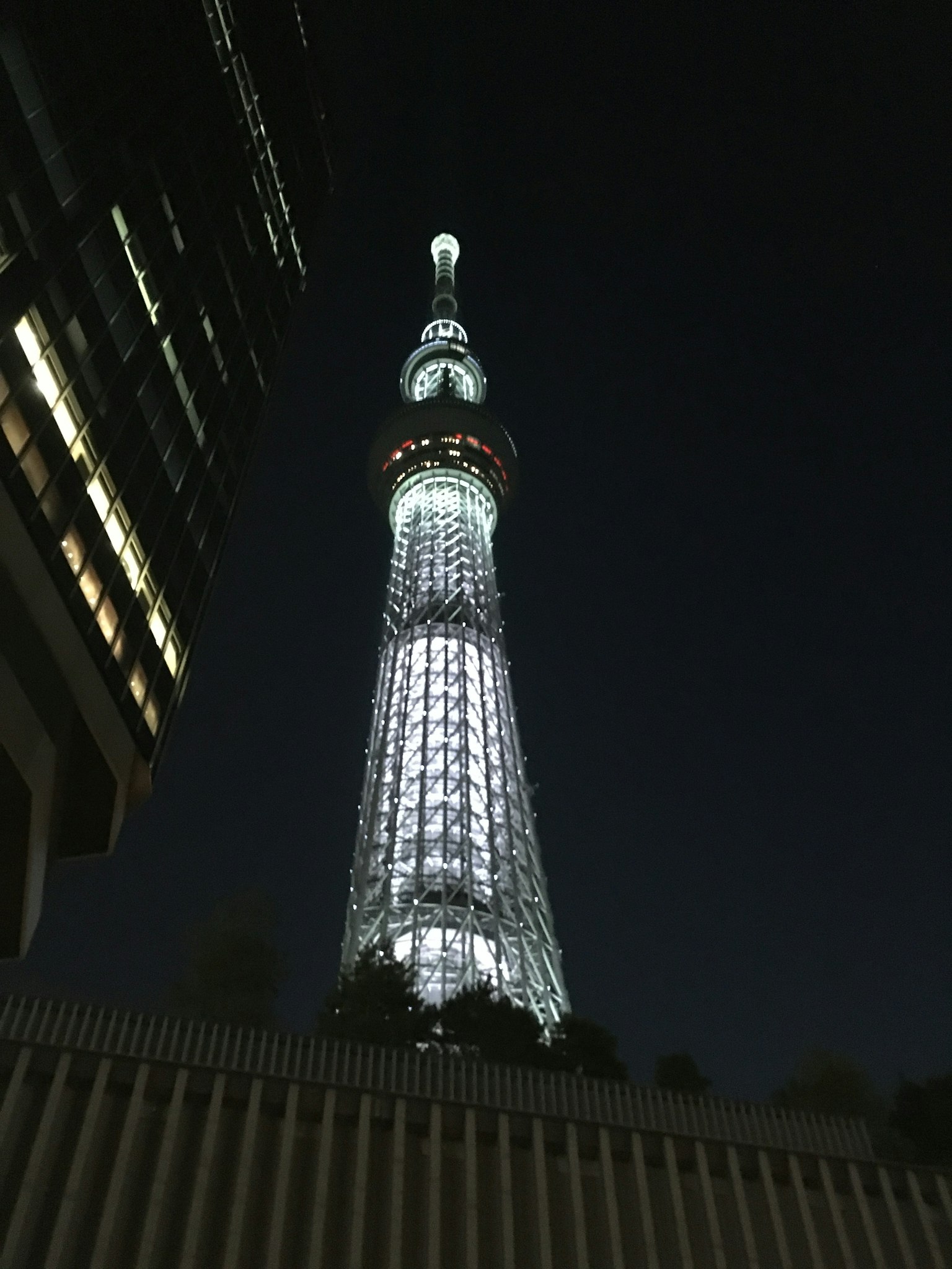 Vue nocturne de la Tokyo Skytree illuminée à côté d'un immeuble de grande hauteur