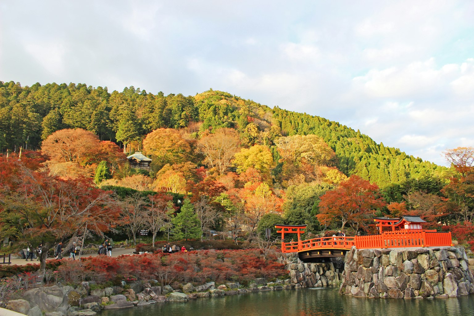 Vista panoramica di un parco con fogliame autunnale ponte rosso e stagno tranquillo
