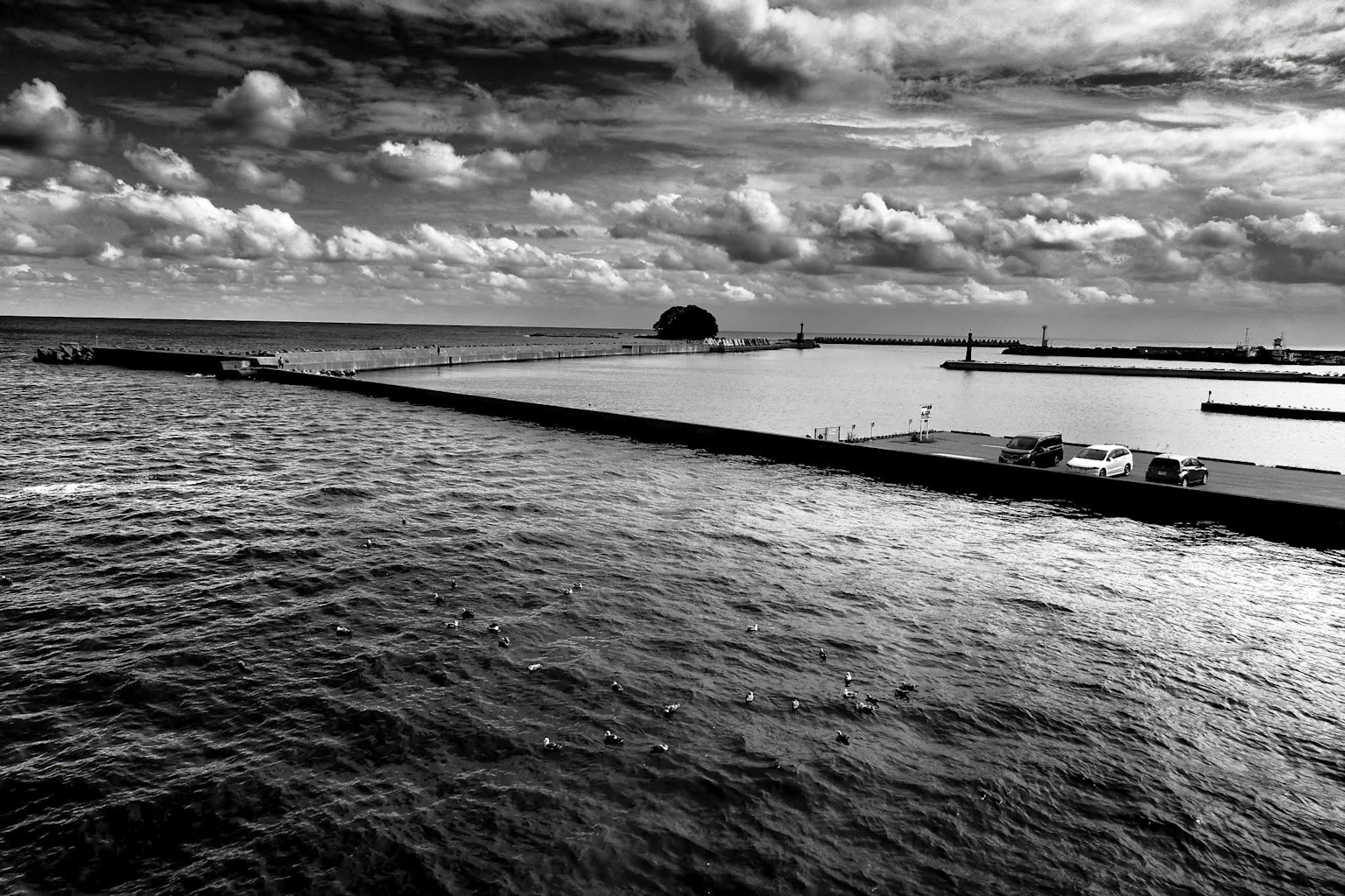 Paesaggio in bianco e nero con contrasto tra mare e cielo Un molo con barche e onde visibili