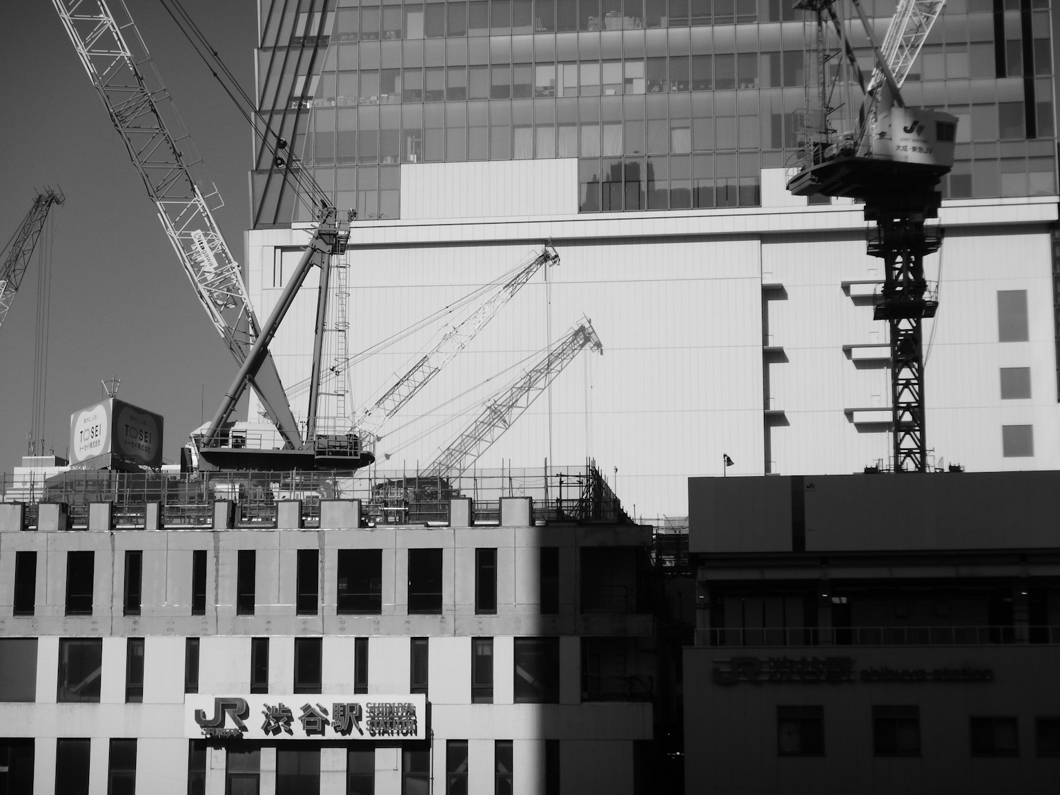 Baustelle in Schwarzweiß mit Kränen und Gebäuden