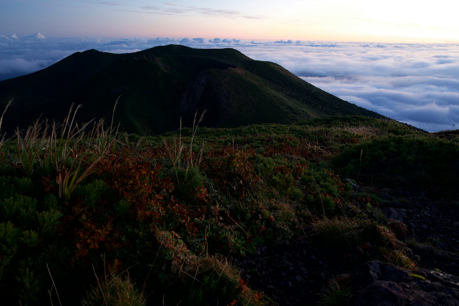 云海上的山脉和草地的风景