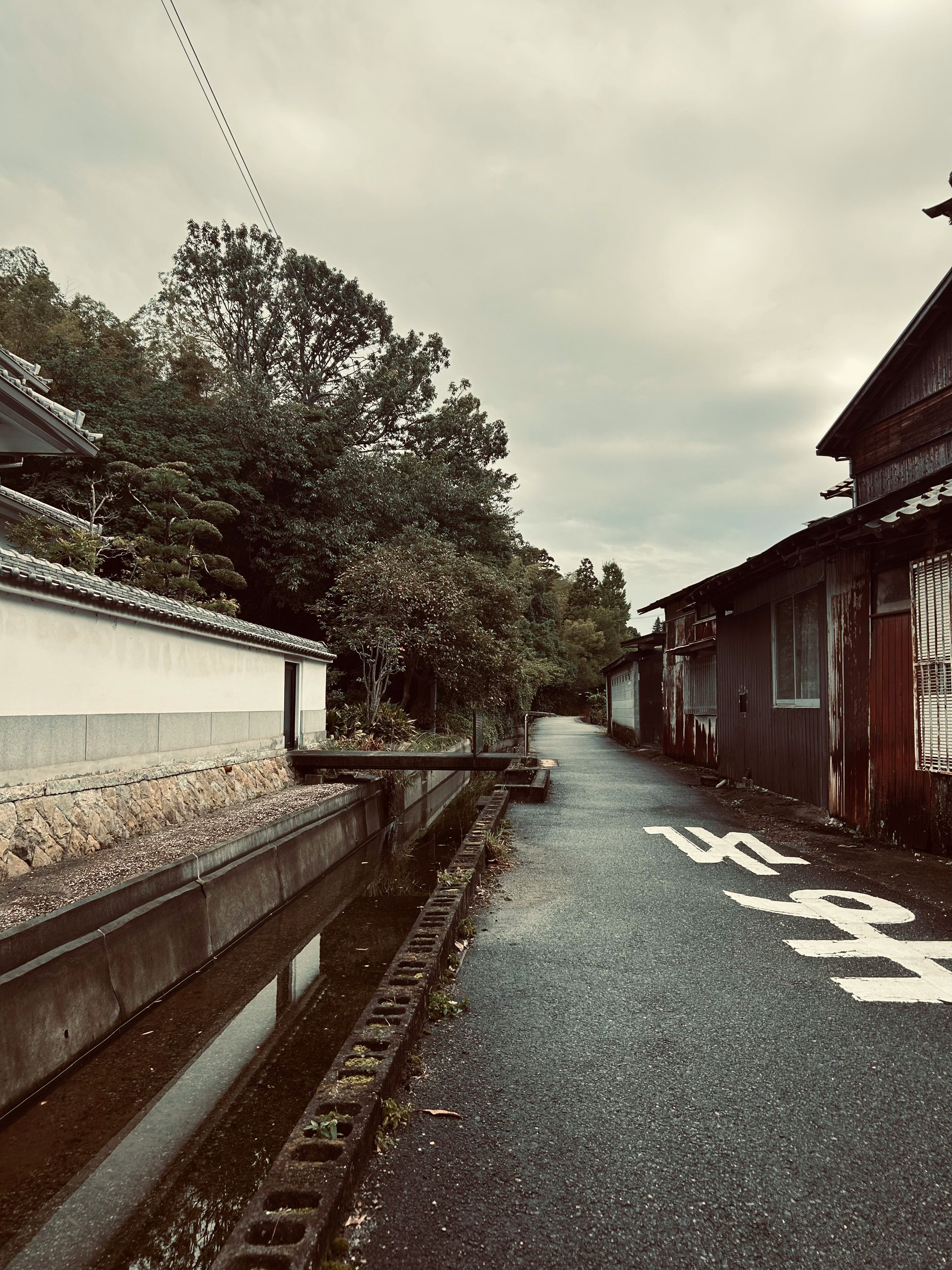 schmaler Gassenweg mit alten Häusern und nassem Pflaster