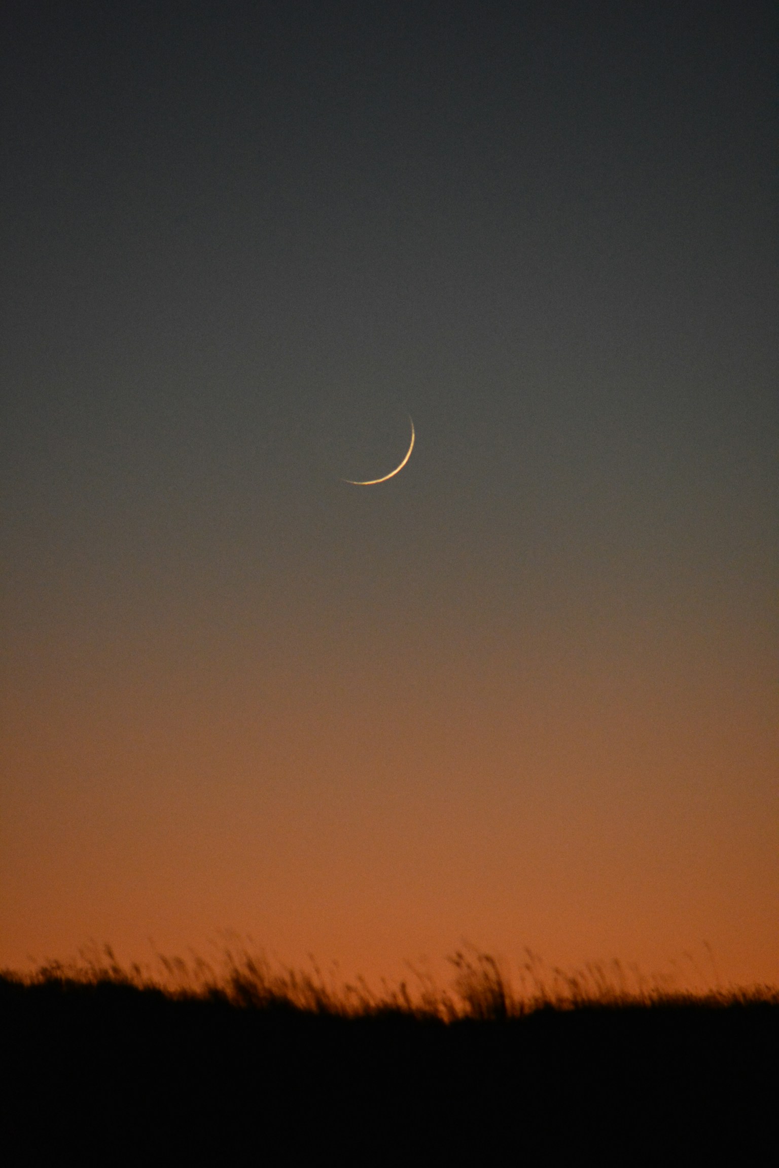 薄明かりの中に細い三日月とオレンジ色の空