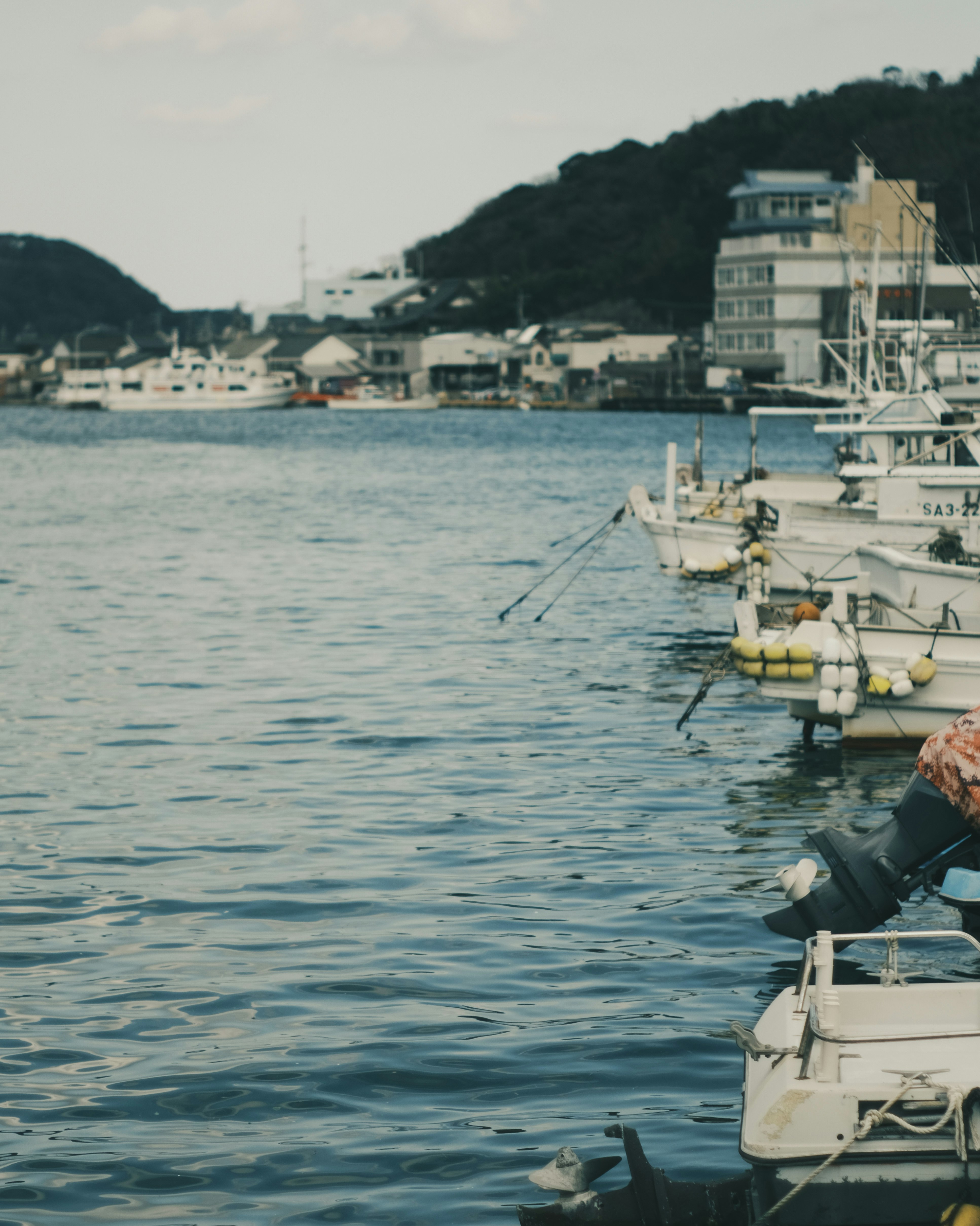 small boats moored in a harbor with a waterfront town