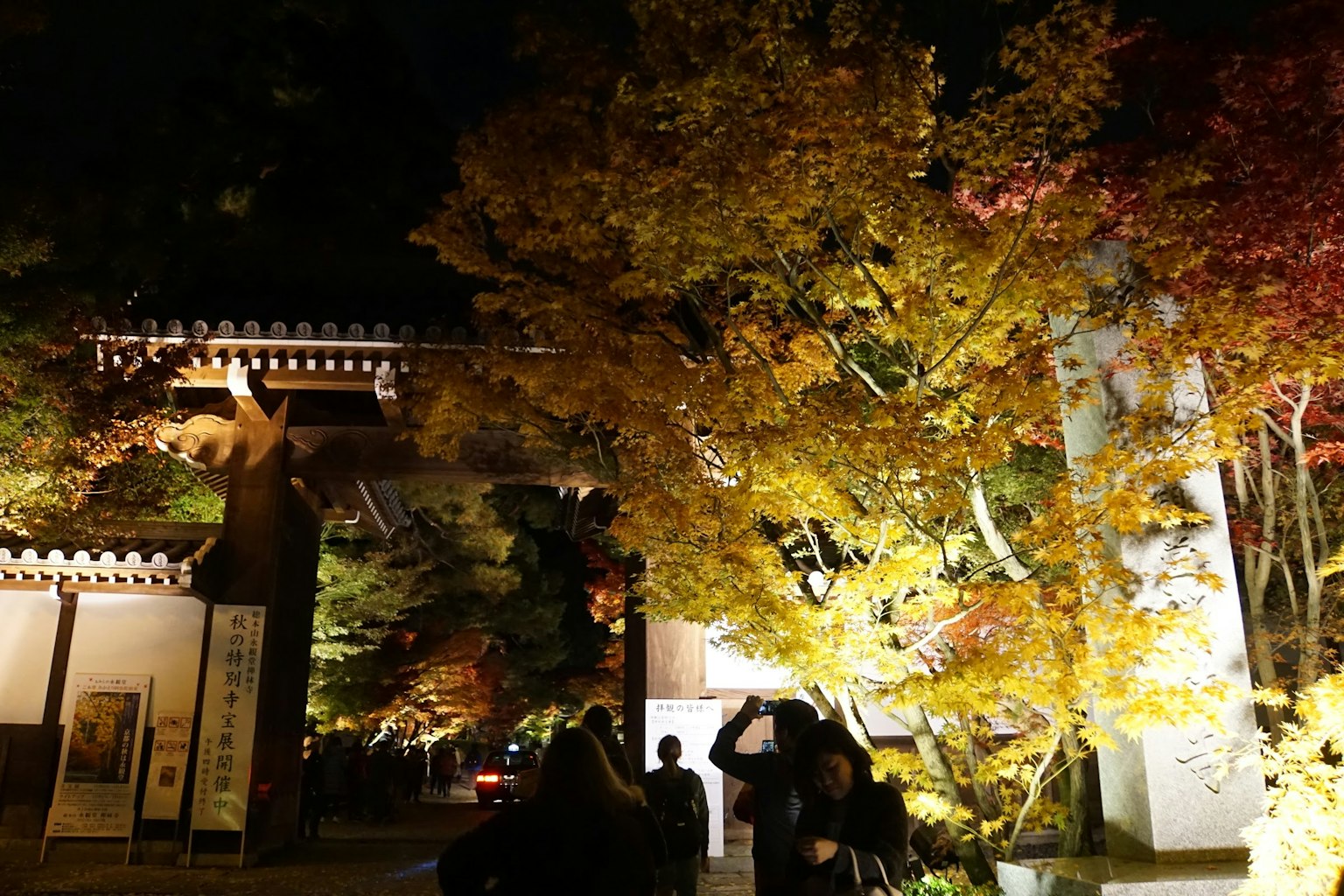 夜の紅葉を背景にした神社の入り口での人々の姿