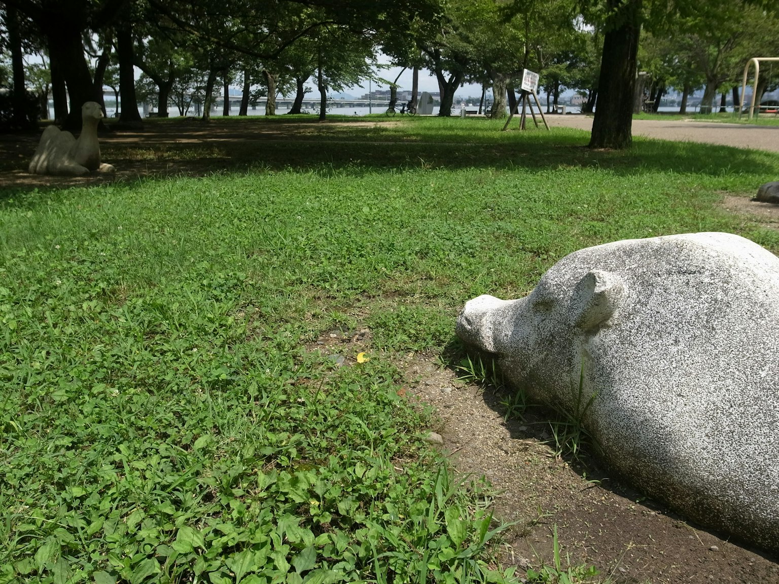 公園綠草地上躺著的石頭豬雕塑