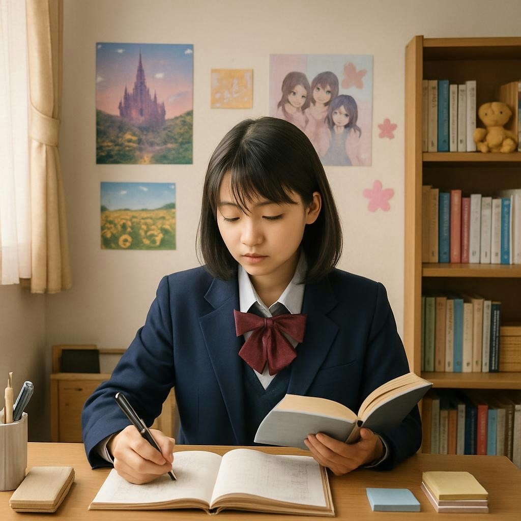 自室で勉強する制服姿の学生