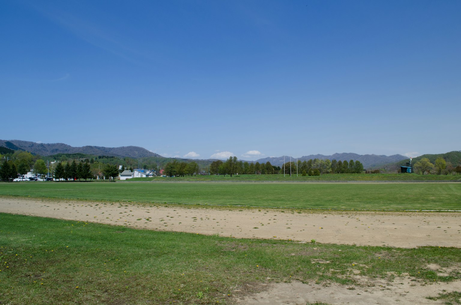 Paesaggio con erba verde sotto un cielo blu e montagne in lontananza