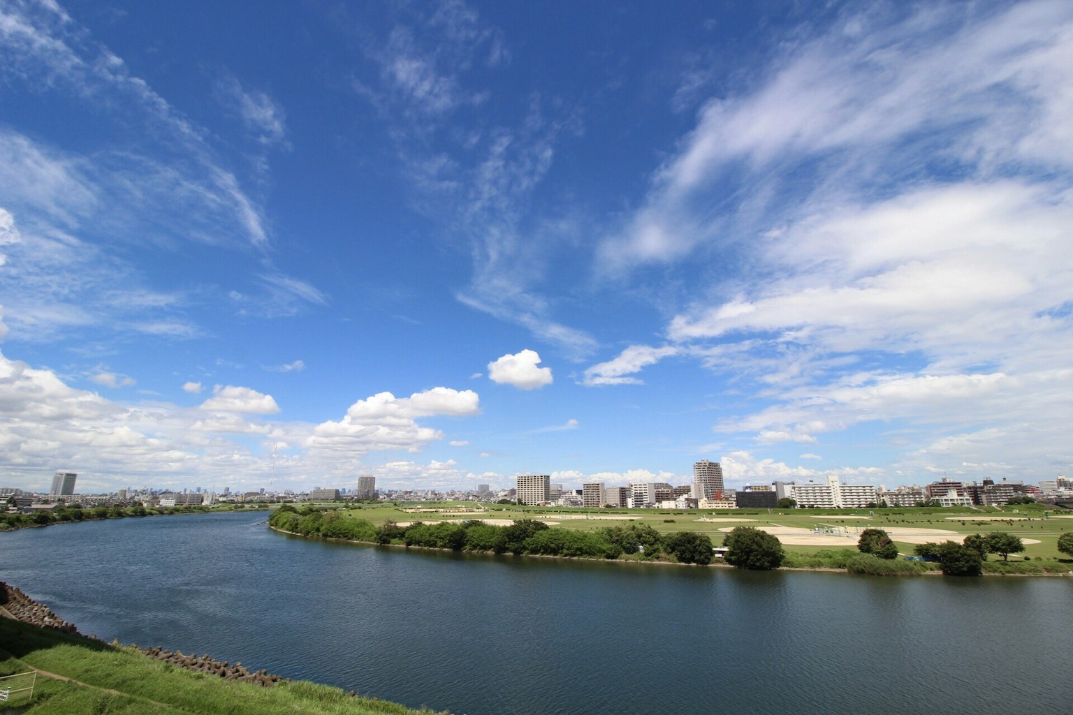 Panoramic view of a river with a blue sky and city skyline